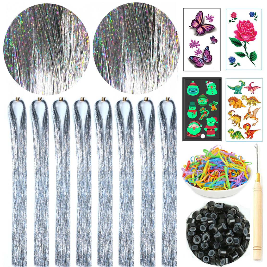 Hair Tinsel Kit with Tools 8pcs 1760 Strands Silver Heat Resistant Tinsel Hair Extensions for Women Kids Girls Sparkling Shiny Glitter Fairy Hair for
