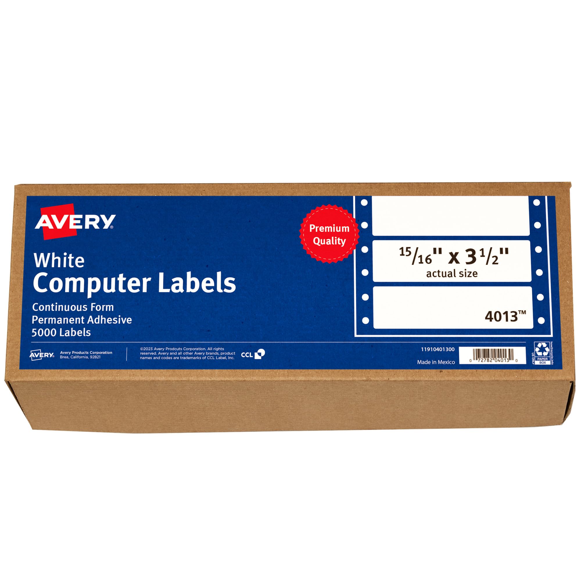 Avery White Computer Labels, 15/16" x 3-1/2", Dot Matrix and Pin-Feed Printers, 5,000 Total (4013)