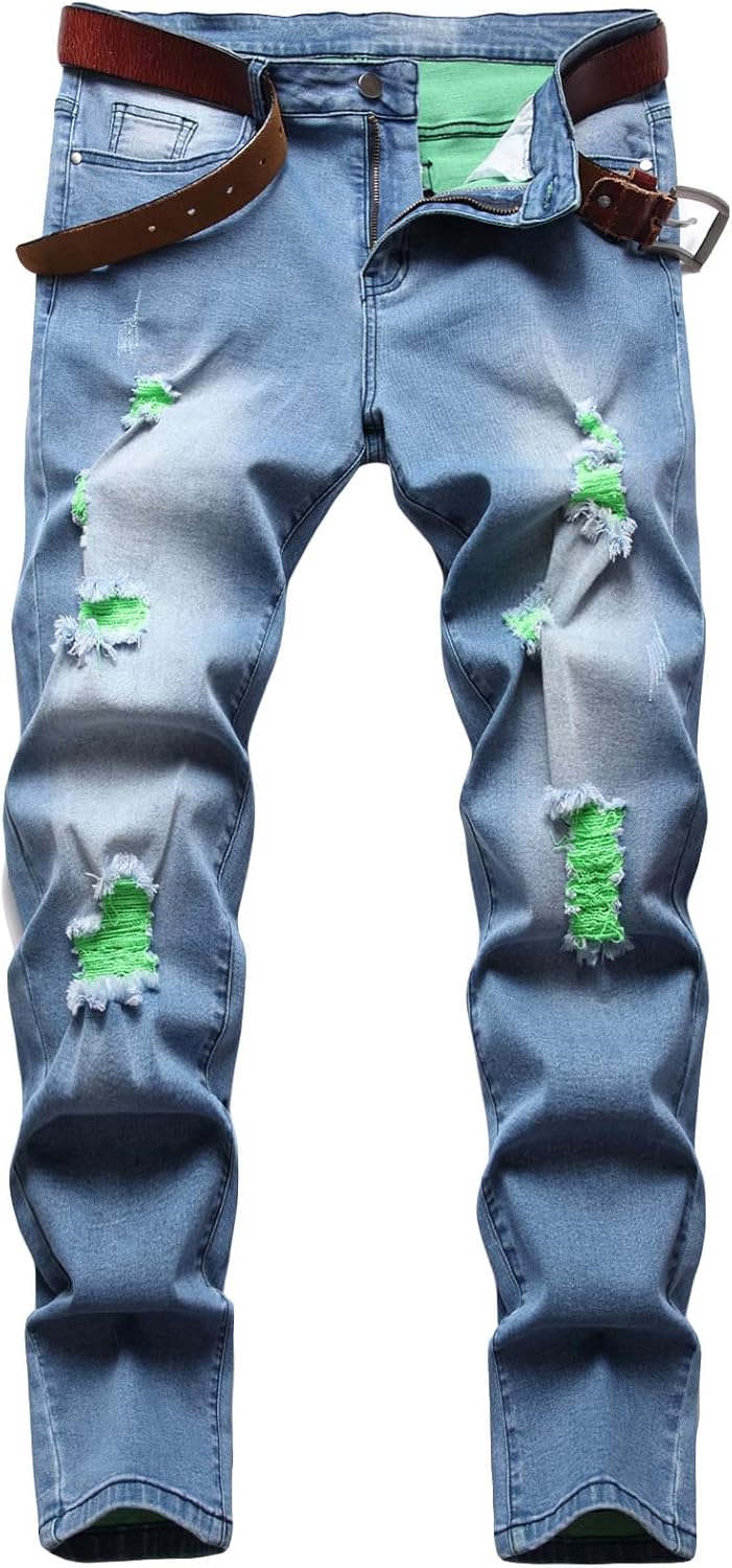 DGHM-JLMY Men Tattered Colored Yarn Slightly Elastic Jeans Ripped Hole Slim-fit Casual Jean Destroyed Straight Denim Pant