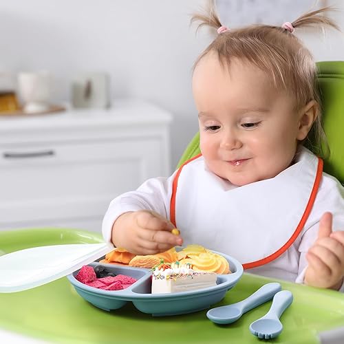 Miniatura 6 de Meanplan Paquete de 6 placas de succión para niños pequeños con tapas, juego de platos de silicona de grado alimenticio, diseño dividido de silicona