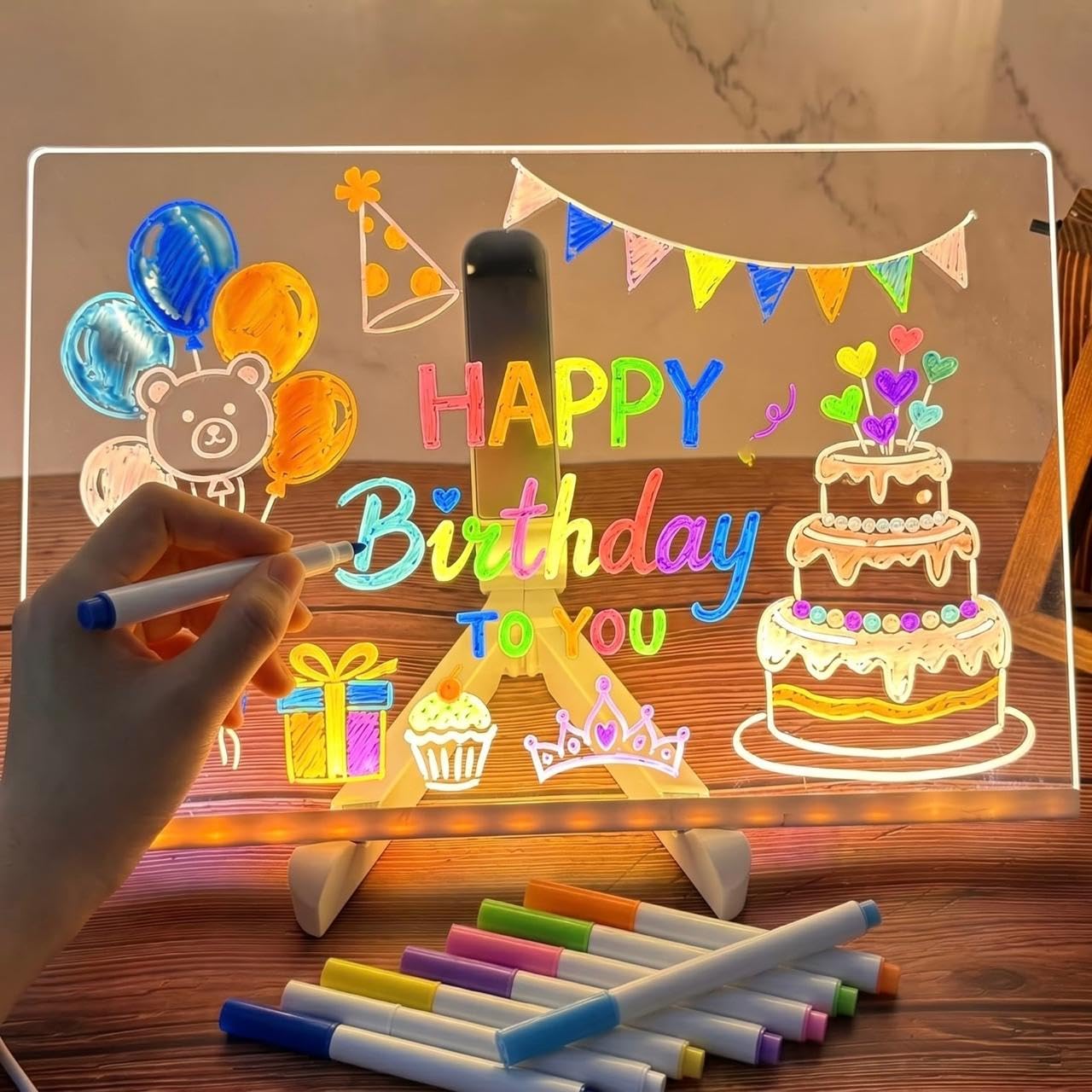 Finalize LED Acrylic Writing Board with Light & 7 Pens | 20 x 30 cm DIY 3D Rewritable Message Pad | Personalized Night Lamp & Display Board for Home, Office Desk, Kids & Gifts- (20 x 30)