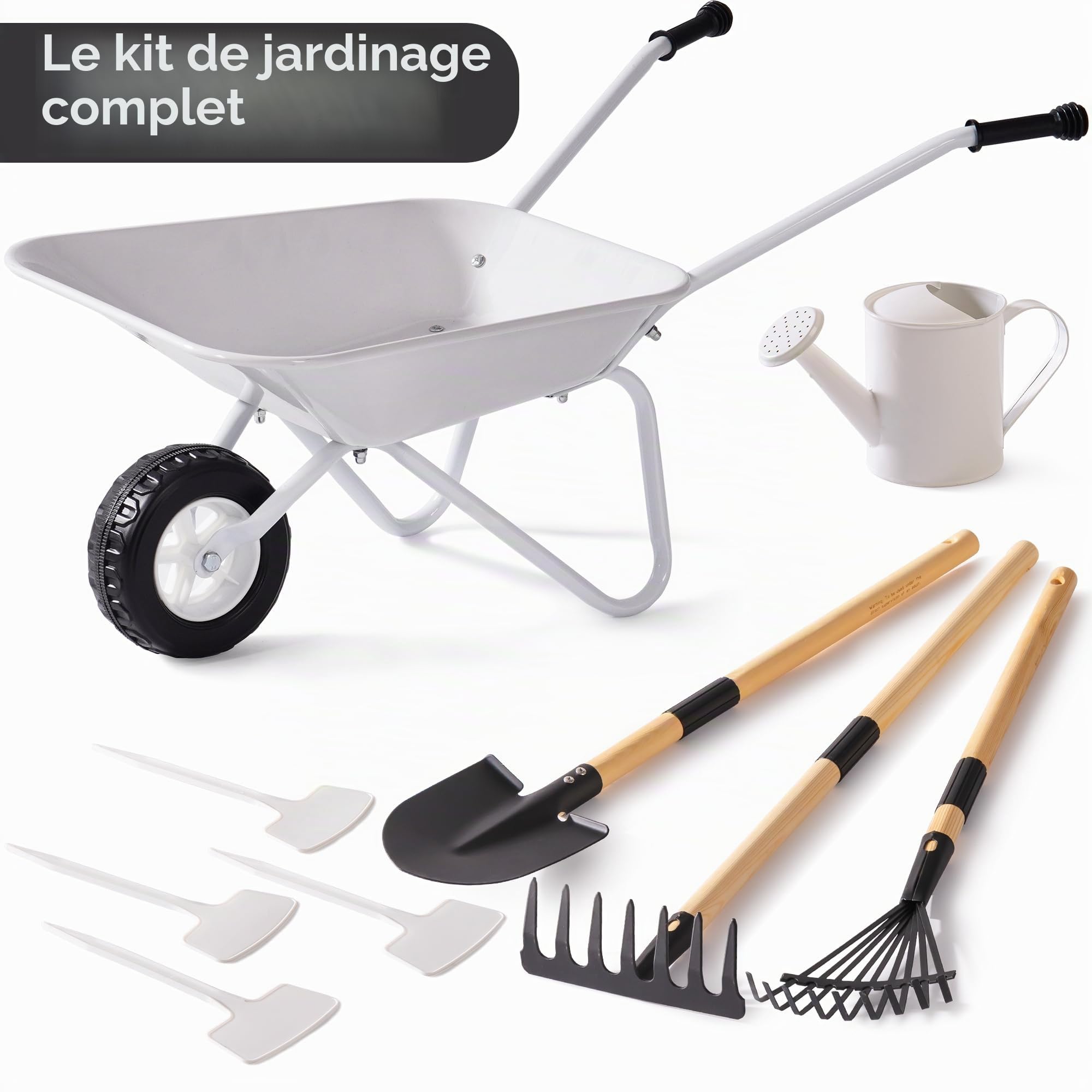 ROBOTIME Brouette et outils de plantation en métal pour enfants, 5 pièces, gris-noir, avec poignée réglable en bois de pin, arrosoir, râteau, pelle, pour garçons et filles à partir de 3 ans