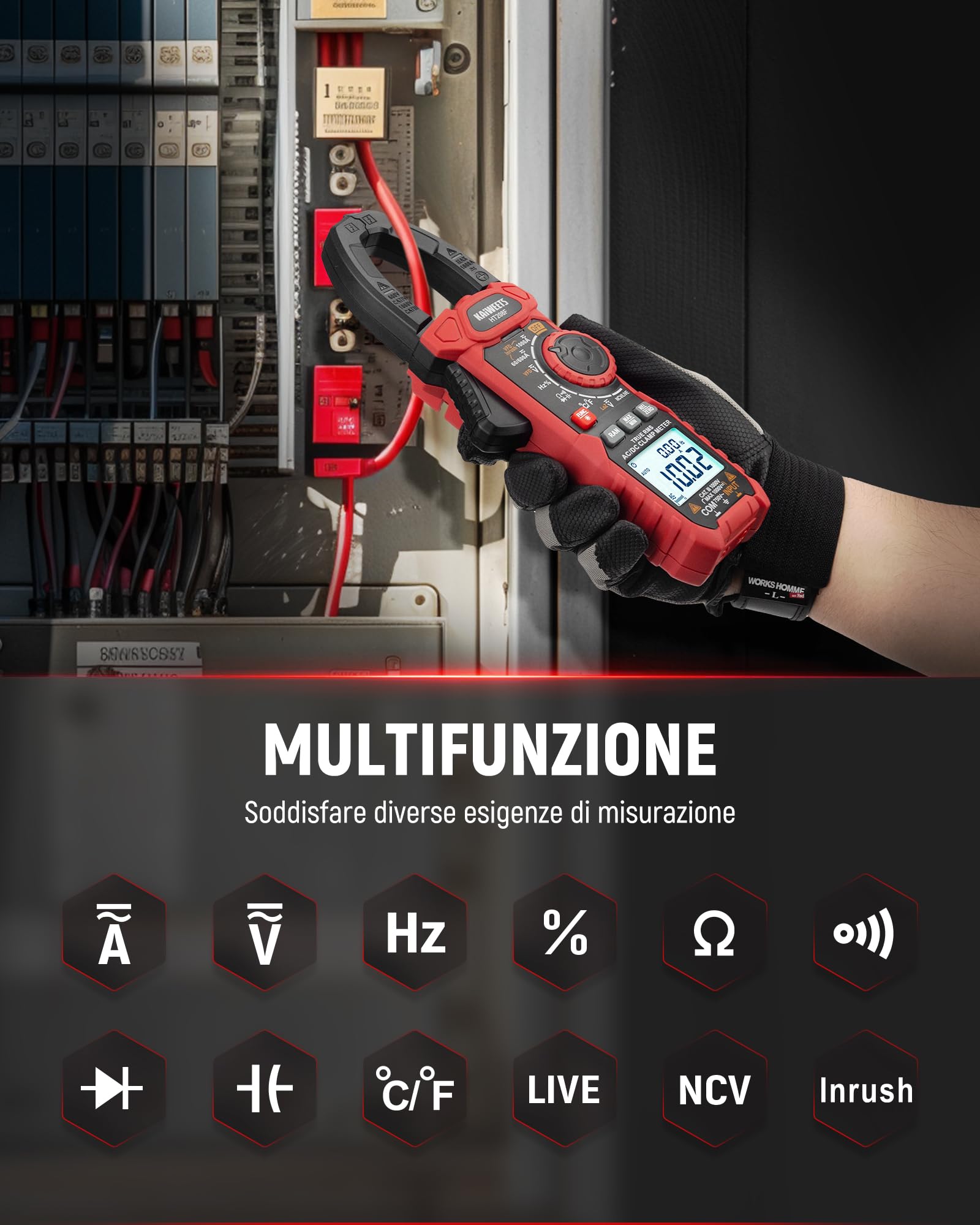 Pinza Amperometrica KAIWEETS AC/DC 1000A, Amperometro Digitale Con Conteggio 6000, Modalità VFD e LOZ, Schermo Bianco e Nero Aggiornato, AC/DC, Resistenza, Capacità, Misurazione Di Sovracorrente