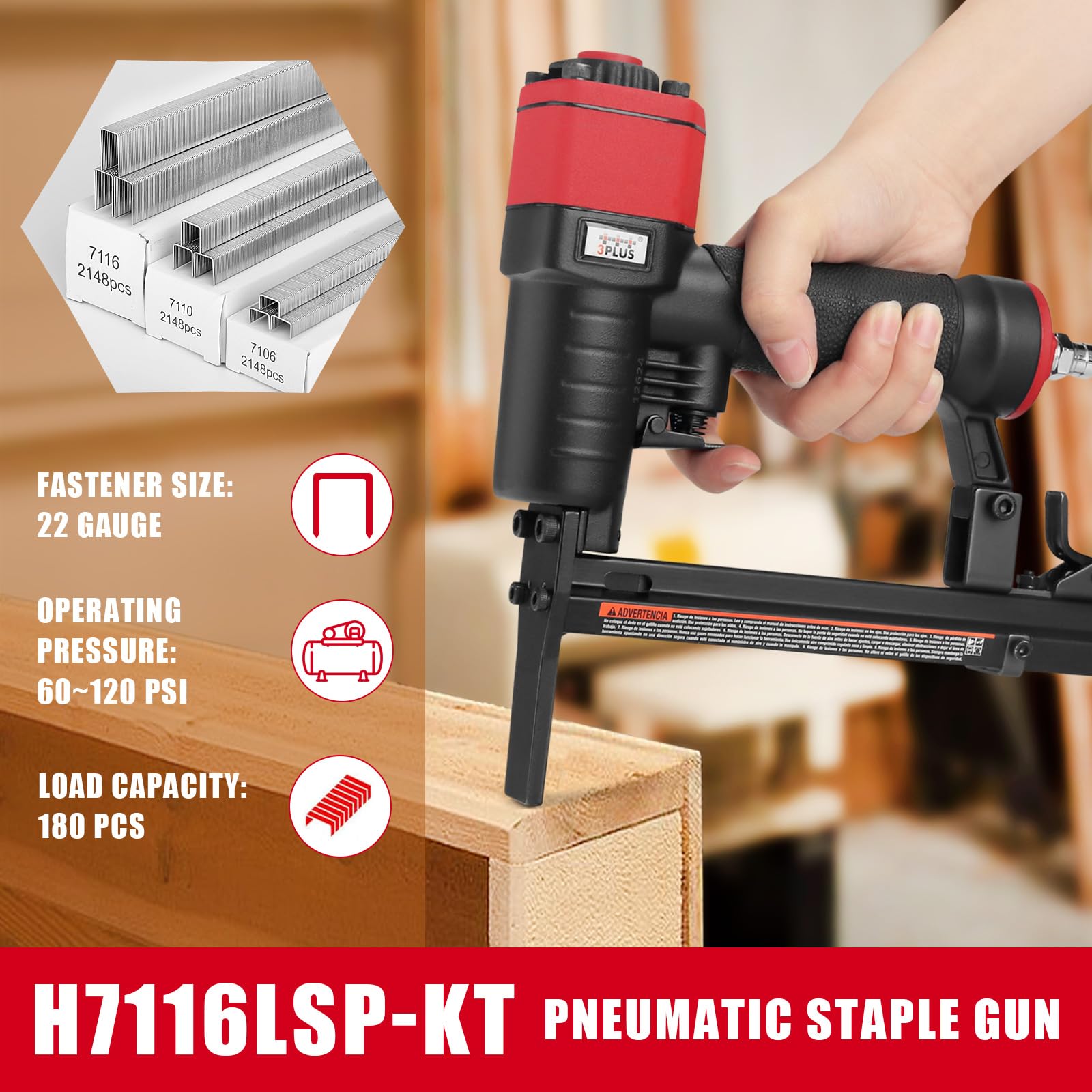 3PLUS H7116LSP-KT Agrafeuse pneumatique pour tapisserie d'ameublement avec bec long, kit d'agrafeuse à air, avec 6000 agrafes, 1/4" à 5/8"