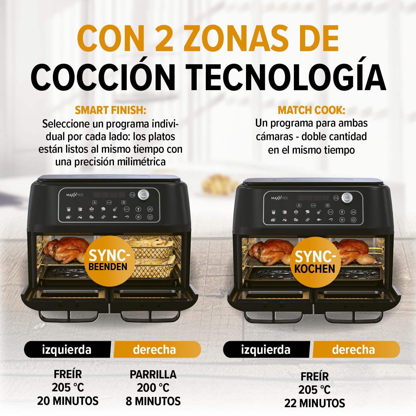 MAXXMEE Freidora de aire caliente de doble cámara 11 l | Combinación inteligente de horno de aire caliente, parrilla y freidora con 2 compartimentos XXL de 5,5 litros cada uno | Panel de control