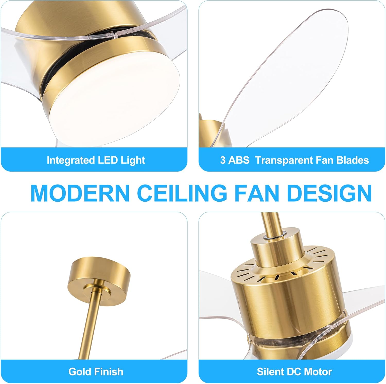 Gold and Clear 52 Inch LED Ceiling Fan with Remote Control
