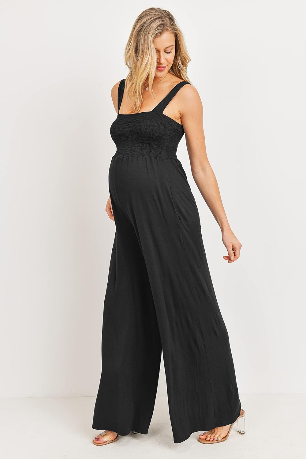 Women's Maternity Sleeveless Jumpsuit Romper with Smocked neck and pockets - Image 4