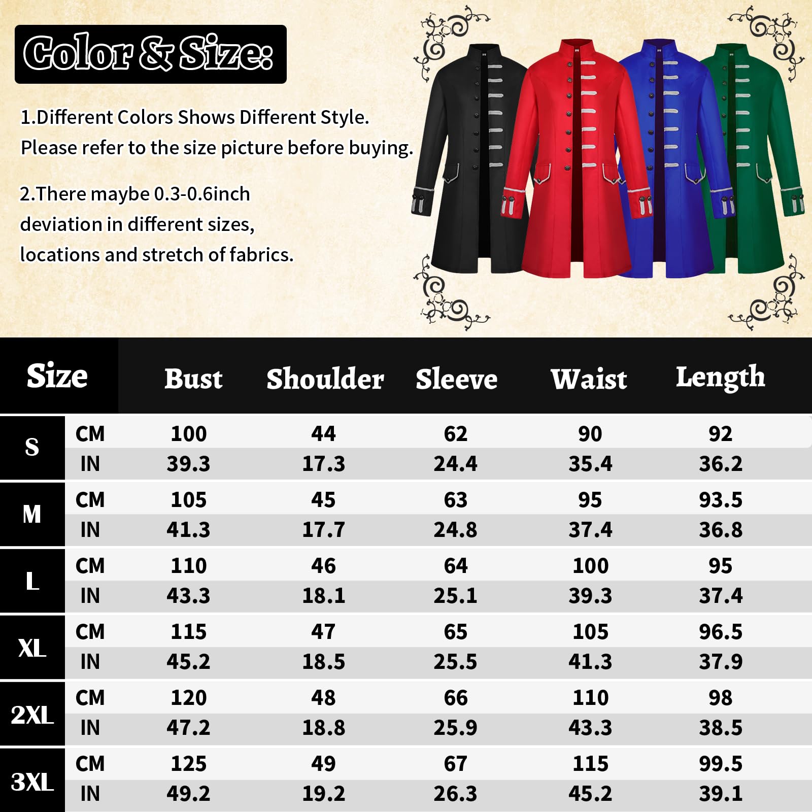 AJGEGJE Steampunk Vintage Coat Men, Medieval Gothic Tailcoat Frock, Victorian Renaissance Halloween Adult Tailcoat (Blue, L) - Image 3