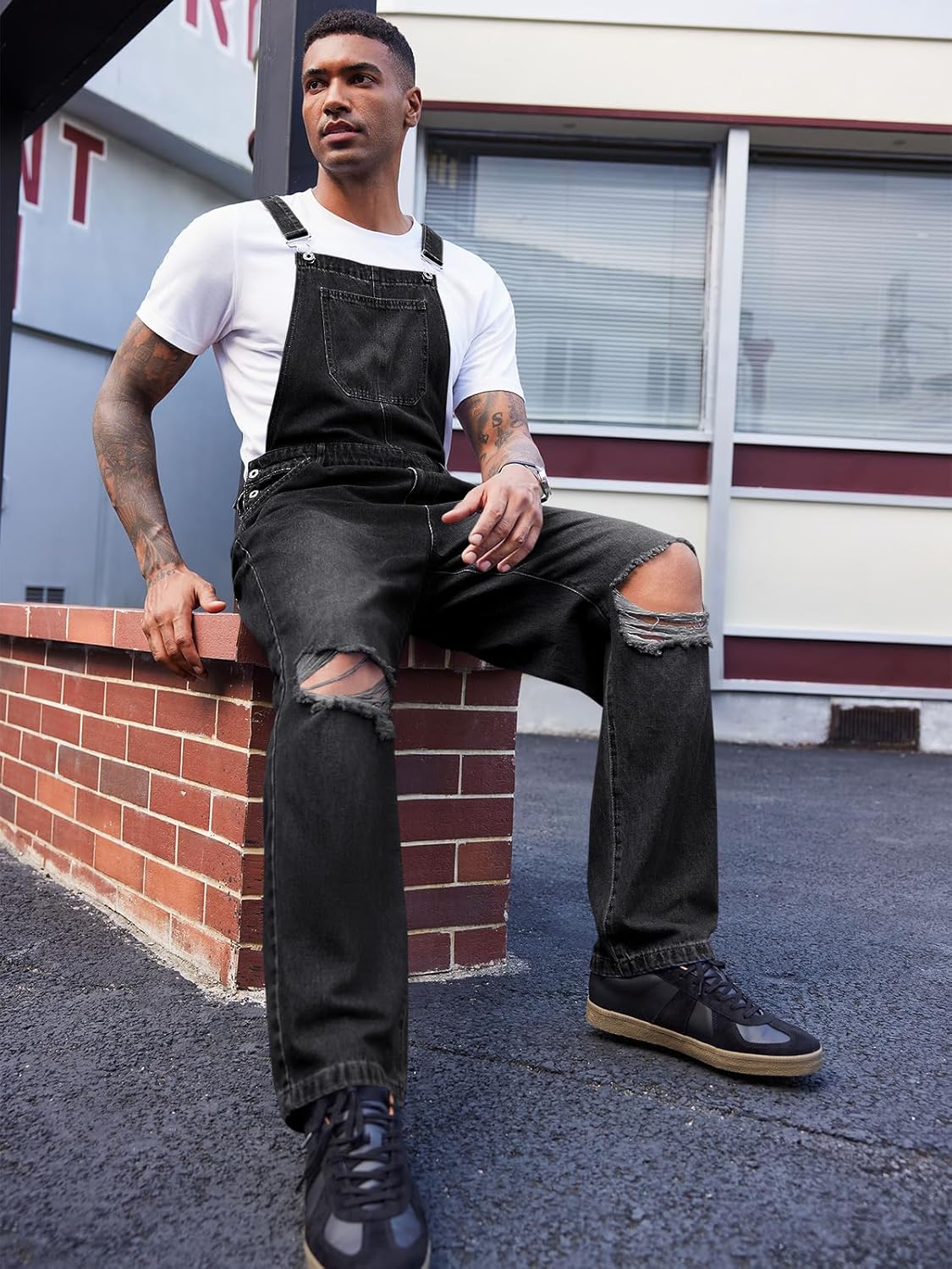 Runcati Men's Distressed Jean Denim Overall Vintage 90s Fashion Hippie Bib Ripped Jumpsuit - Image 3