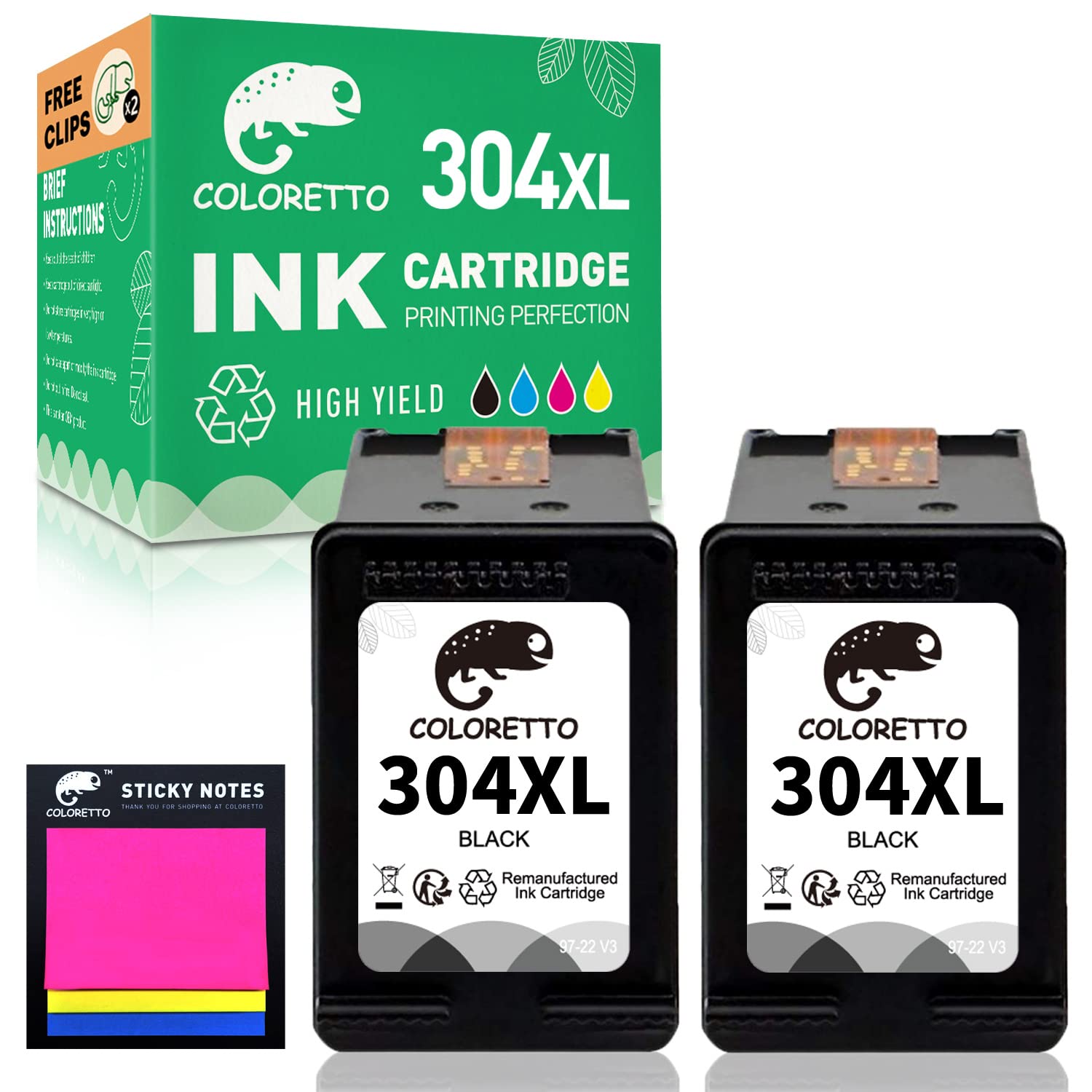 COLORETTO Remanufactured Printer Ink Cartridge Replacement for HP 304XL,304 XL 2 Black to use with 130 2620 3764 5010 5011 Includes Self-Stick Notes
