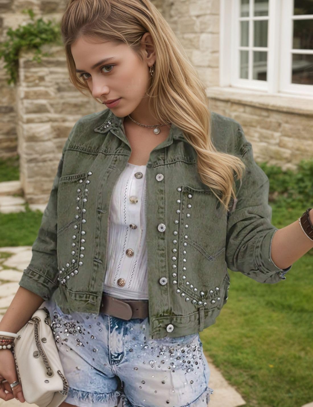 Kwoki Women's Studded Denim Jacket Casual Long Sleeve Western Distressed Rivet Cropped Jean Coat - Image 3