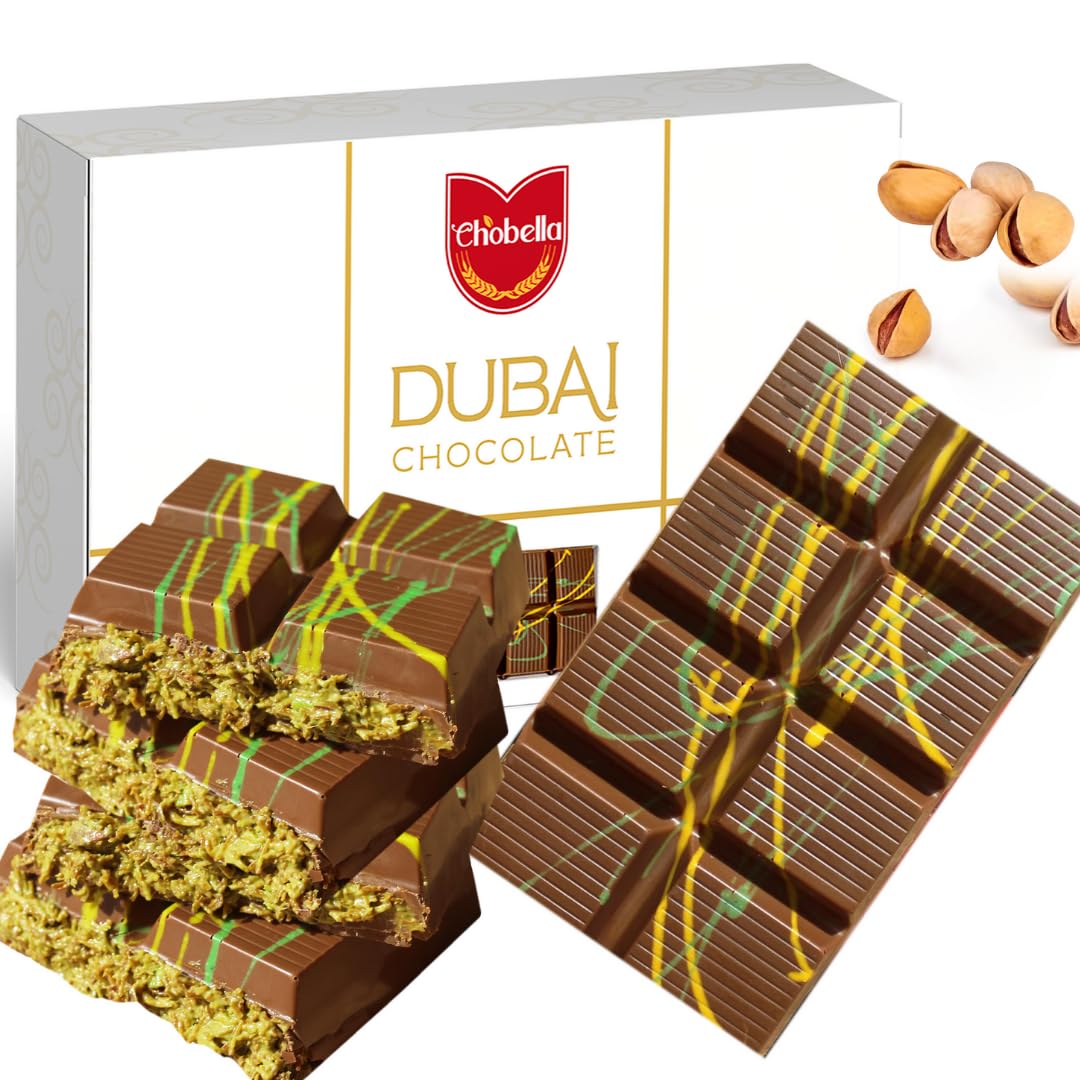 Chobella Dubai Chocolate Bar Pistachio 7oz – Premium Pistachio Dessert with Shredded Phyllo Dough, Crispy Kunafa Style Chocolate Gift Box