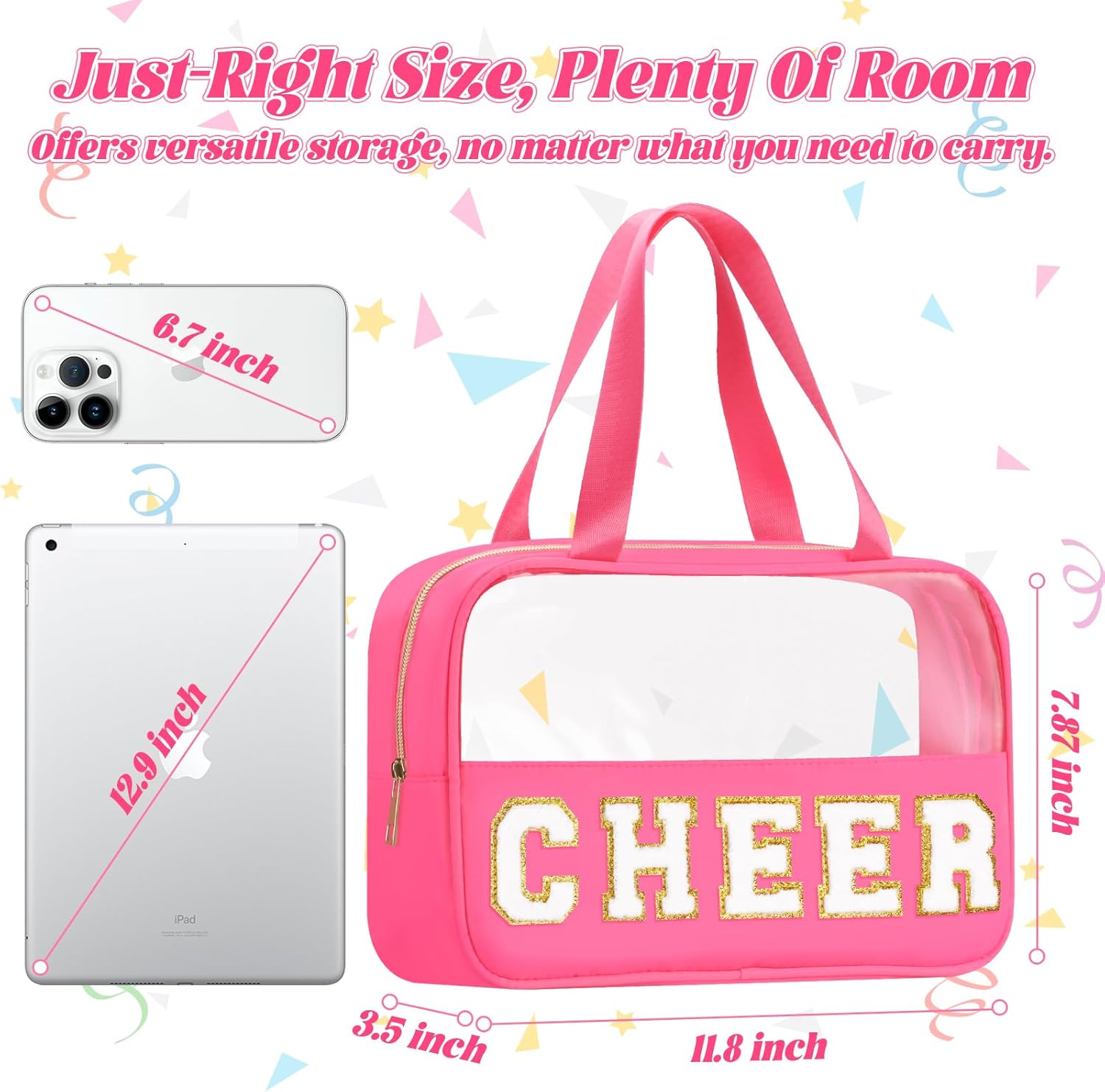 Chenille Letter Patch Clear Travel Bags, Preppy PVC&Nylon Makeup Bag with Handle and Zipper, Waterproof Large Clear Travel Toiletry Bag Storage Bag for Women Girls - Image 2