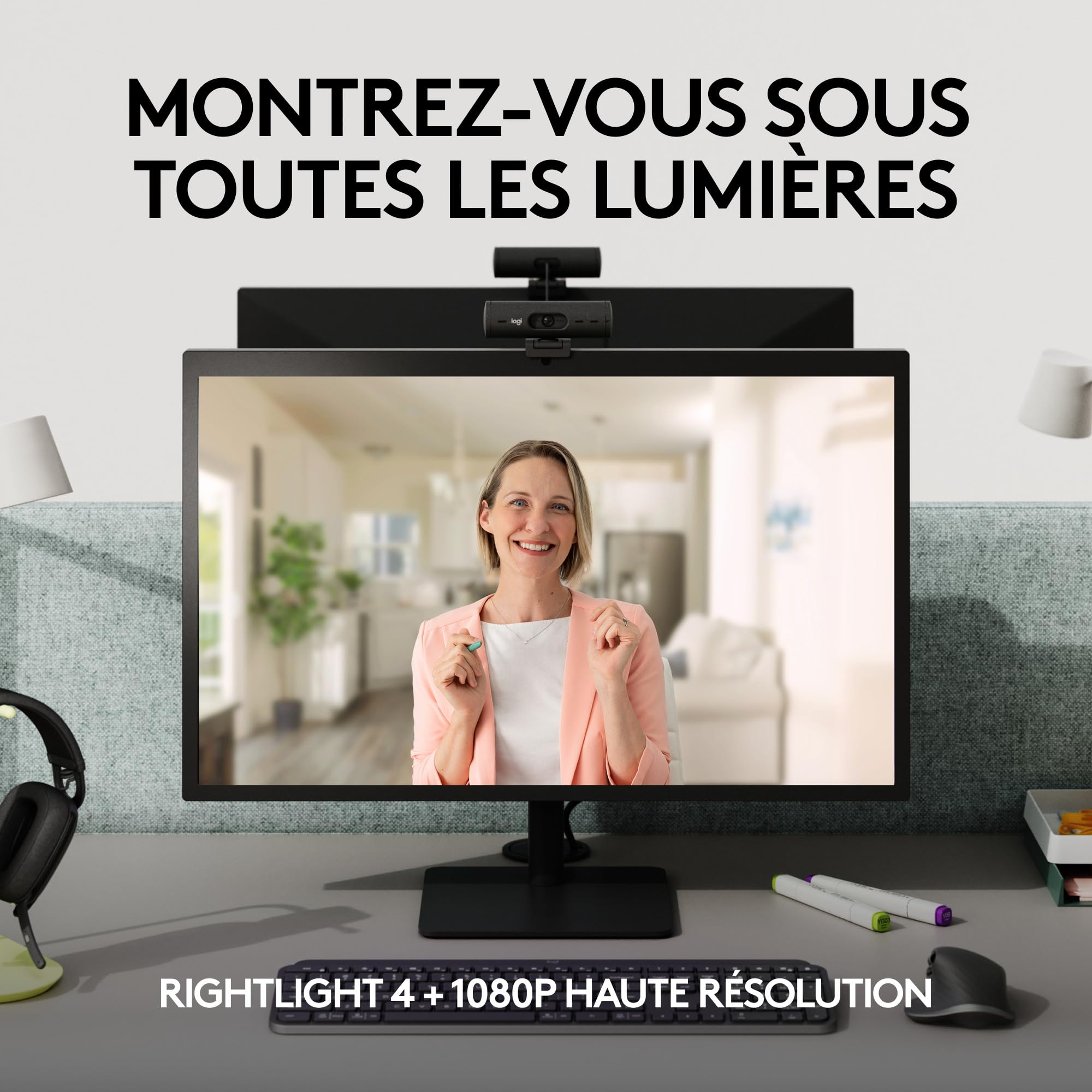 Logitech Brio 505 Webcam Full HD, Correction Automatique de l'éclairage, Cadrage Automatique, 2 micros Anti-Bruit, Volet de confidentialité - Gris
