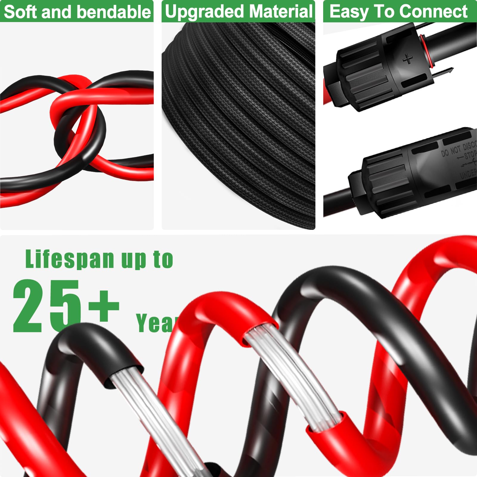 Cable de extensión solar de doble cable de 50 pies de 10 AWG con conector hembra y macho IP67, incluye cuatro pares de herramientas de adaptador de panel solar (6 pares de conectores)