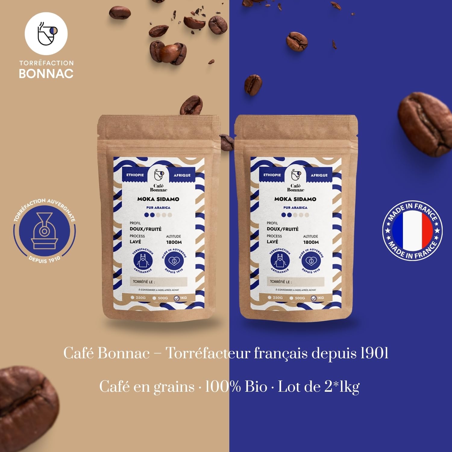 Café Bonnac – Lot de 2 × 1 kg | Café En Grain Moka Éthiopie Sidamo | 100% Arabica De Spécialité | Arômes Floraux Et Notes D’Agrumes | Torréfaction Artisanale Française | Idéal Machine À Café Grain