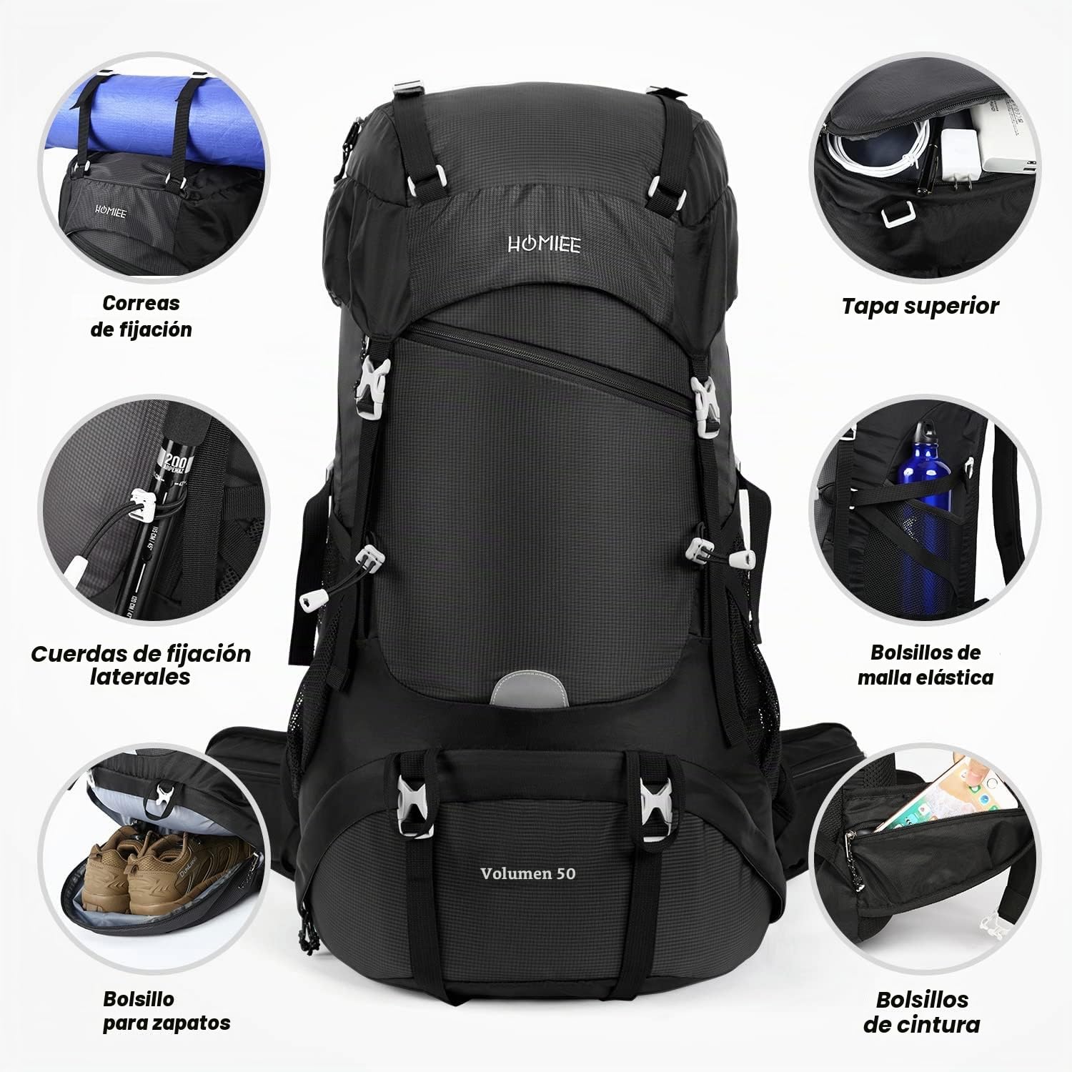 HOMIEE Mochila de Senderismo 50-60L Impermeable con Cubierta de Lluvia para Trekking Viaje
