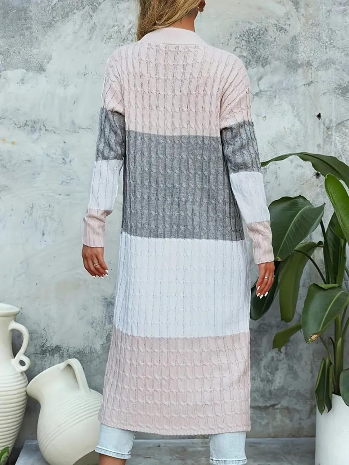 Womens Color Block Cardigan Sweater Long Duster Open Front Sweater in Chunky Cable Knit Plus Size Cardigan - Image 5