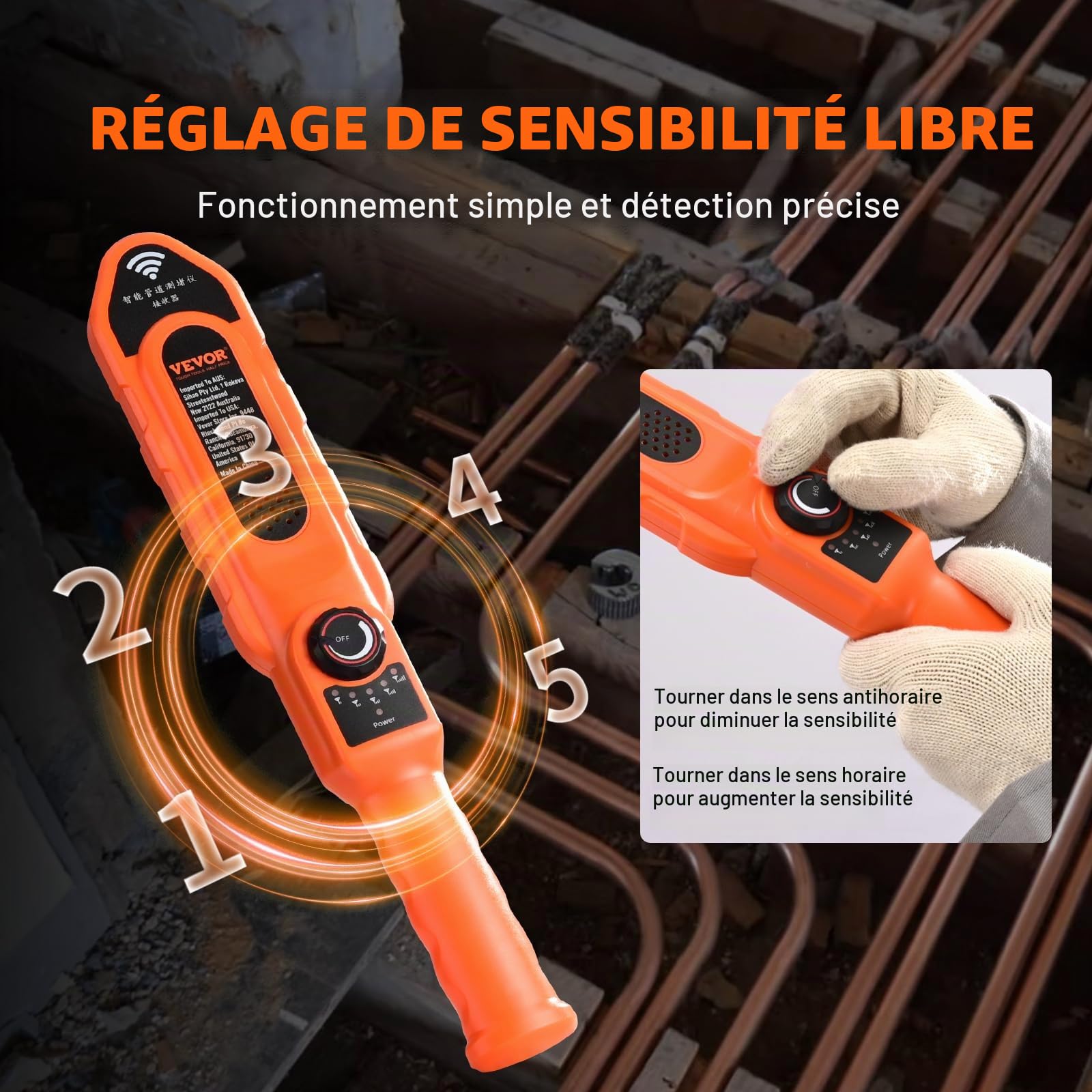 VEVOR Détecteur de Blocage de Tuyau 30 m Localisateurs de Tuyaux Outil de Colmatage Étanche IP67 Sensibilité Ajustable Scanner Mur d'Égout Outil de Plomberie pour Tuyaux d'Eau en PVC Plastique Métal