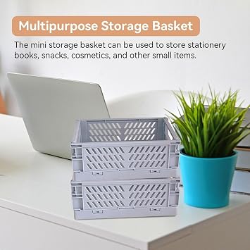 Cyrank Pastel Crates for Storage, Plastic Folding Basket Mini Collapsible Storage Basket Stackable Storage Bin Crates Container with Handle Foldable for Stationery Snacks Cosmetics(Grey )