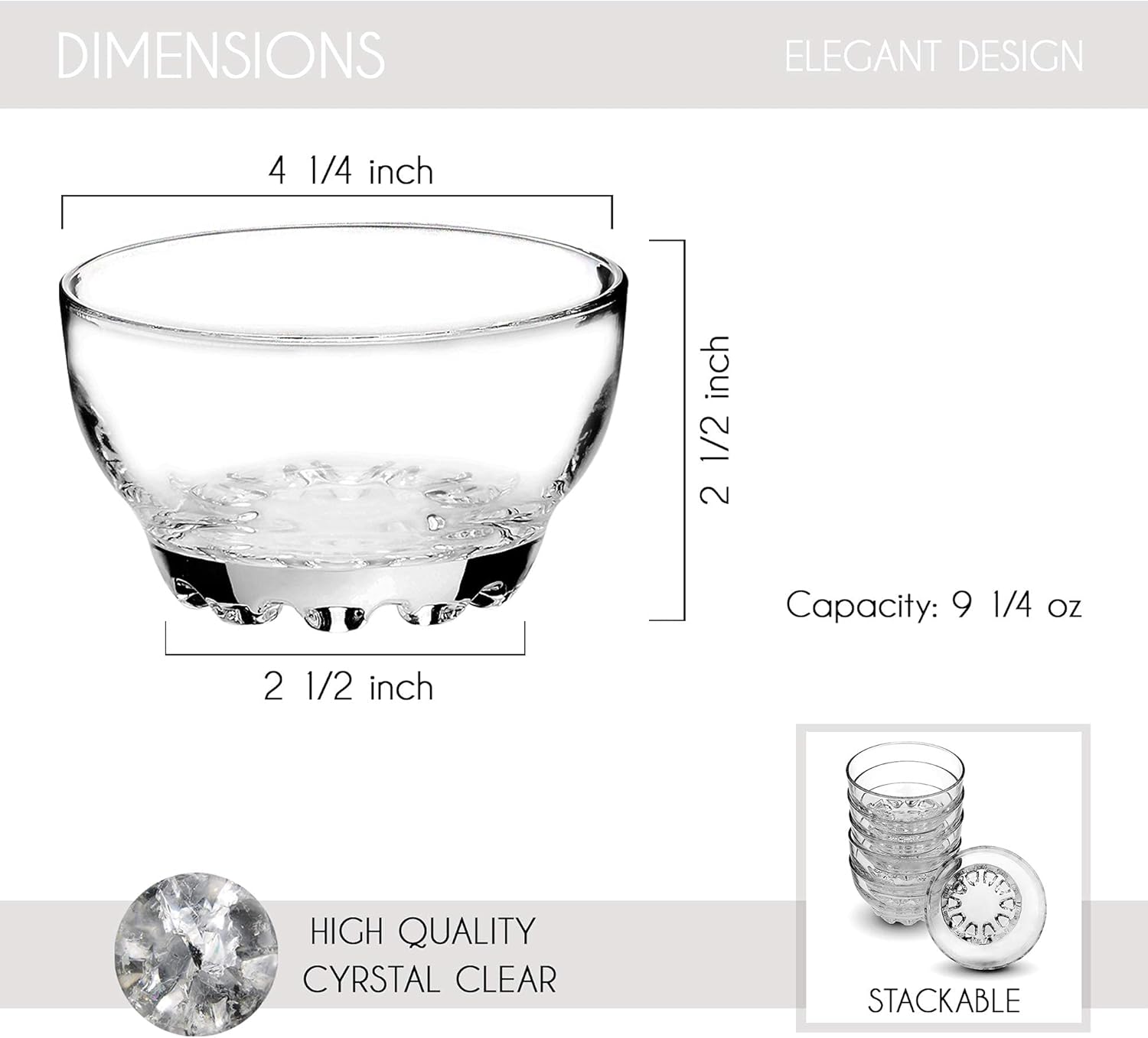  | Glass Bowls Set for Kitchen Prep, Glass Bowls for Dessert, Snack, Fruit, Nuts or Dip Bowls, Large 9.5 ounce Capacity, Set of 6, Premium Quality Clear Glass: Dessert Bowls