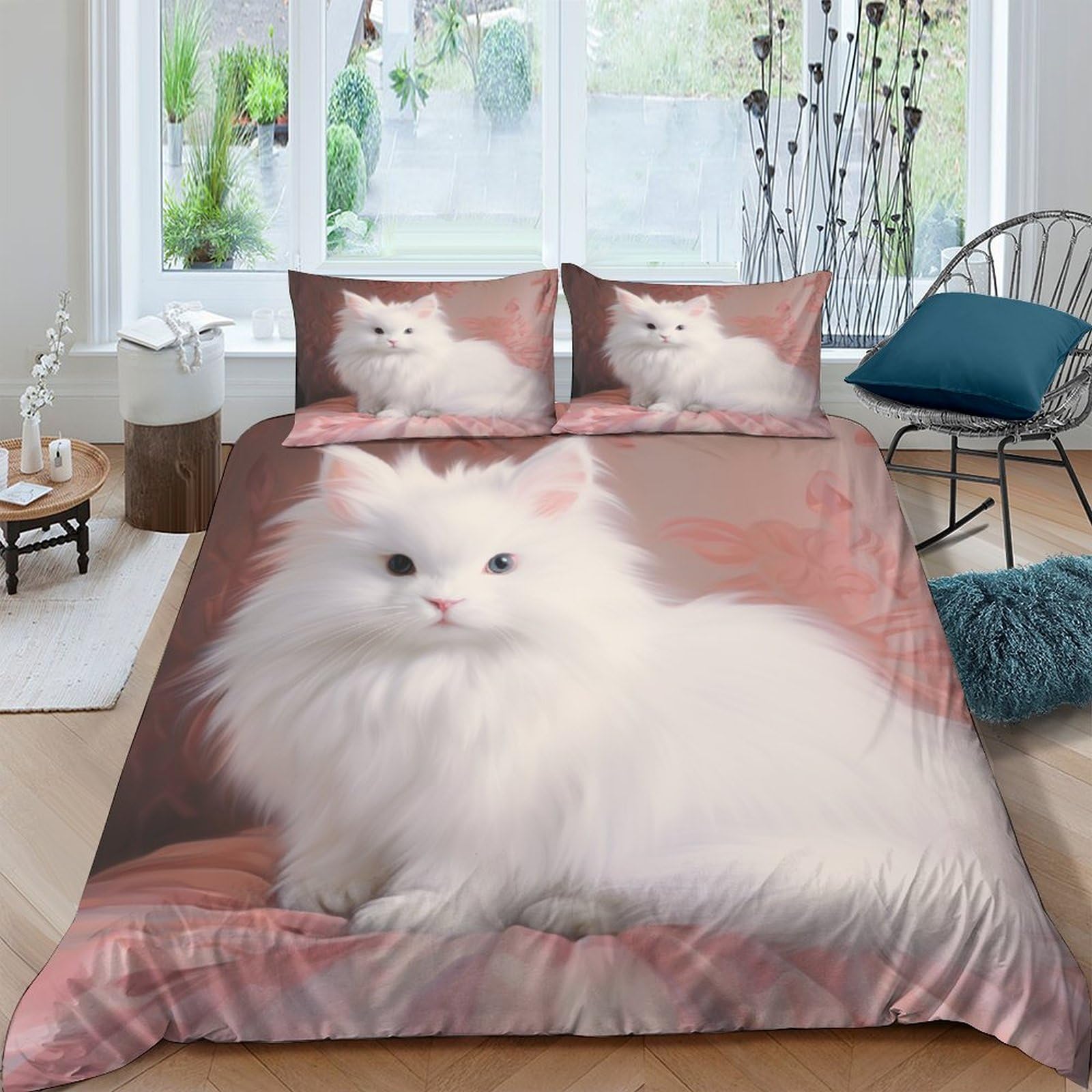 Housse de couette 220x240 lapin angora avec 2 taies d'oreiller