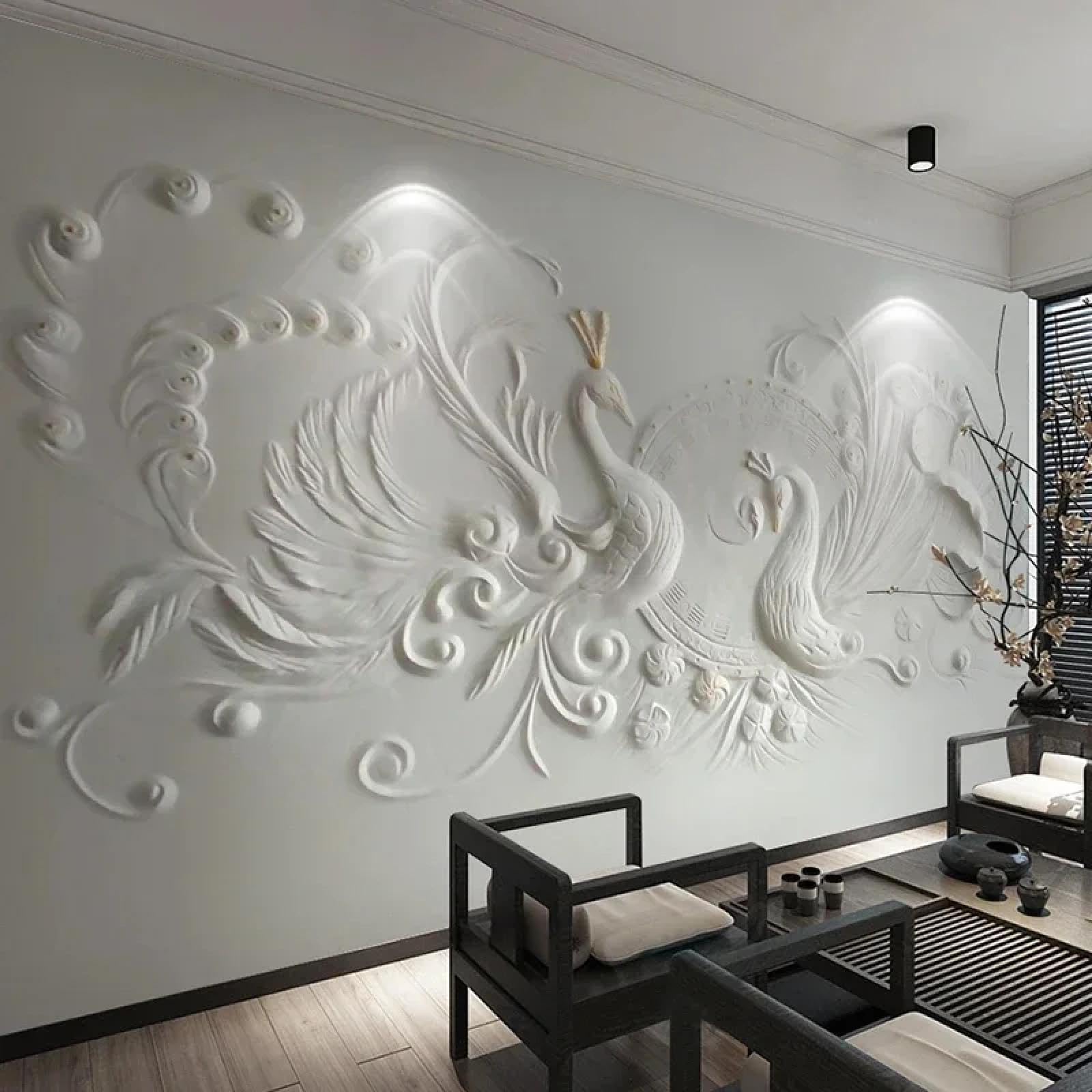 Papier peint mural 3D paon en soie pour salon et decoration interieure