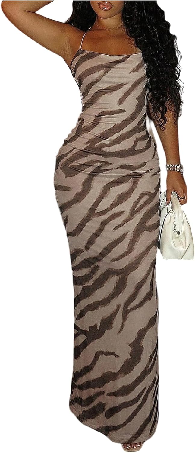 GORGLITTER Women's Zebra Print Dress Animal Print Bodycon Maxi Dress Y2K Cowl Neck Night Out Party Long Cami Dresses