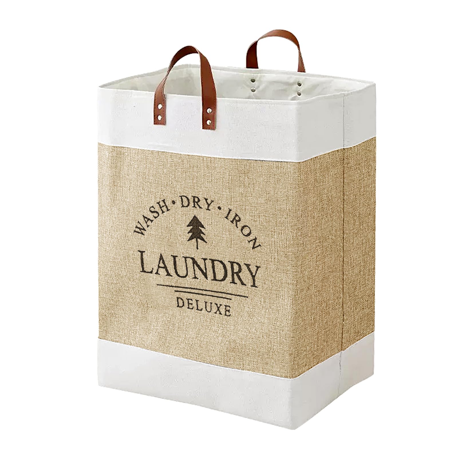 KLMHH Foldable Laundry Basket Waterproof Collapsible Washing Basket Woven Wicker Storage Baskets Large Capacity Dirty Clothes Hamper for Bathroom Bedroom （White/Brown）