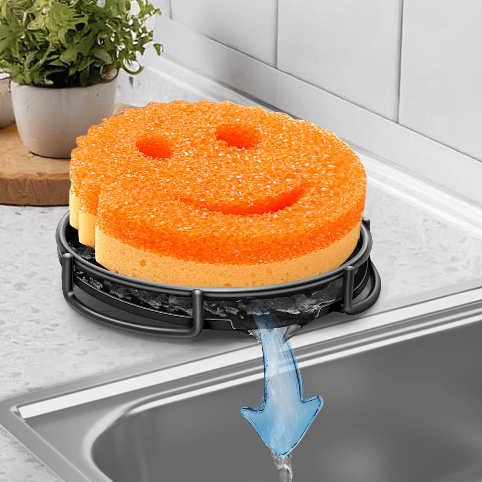 Stainless Steel Smiley Face Dish Sponge Holder Black Sink Caddy for Kitchen Countertop Soap Bar Dishes with Drainage