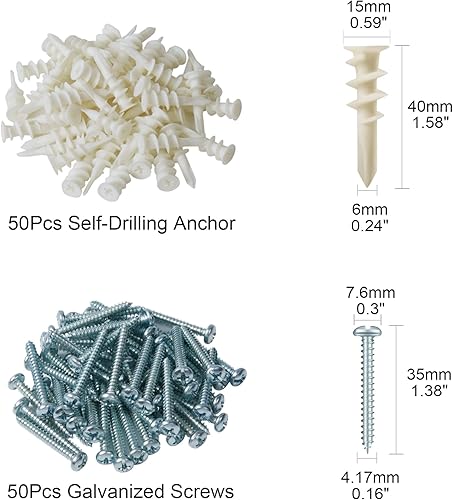 Miniatura 9 de KURUI Kit de anclajes autoperforantes para paneles de yeso con tornillos, anclajes de pared secos resistentes para colgar roca de hoja, 50 ganchos