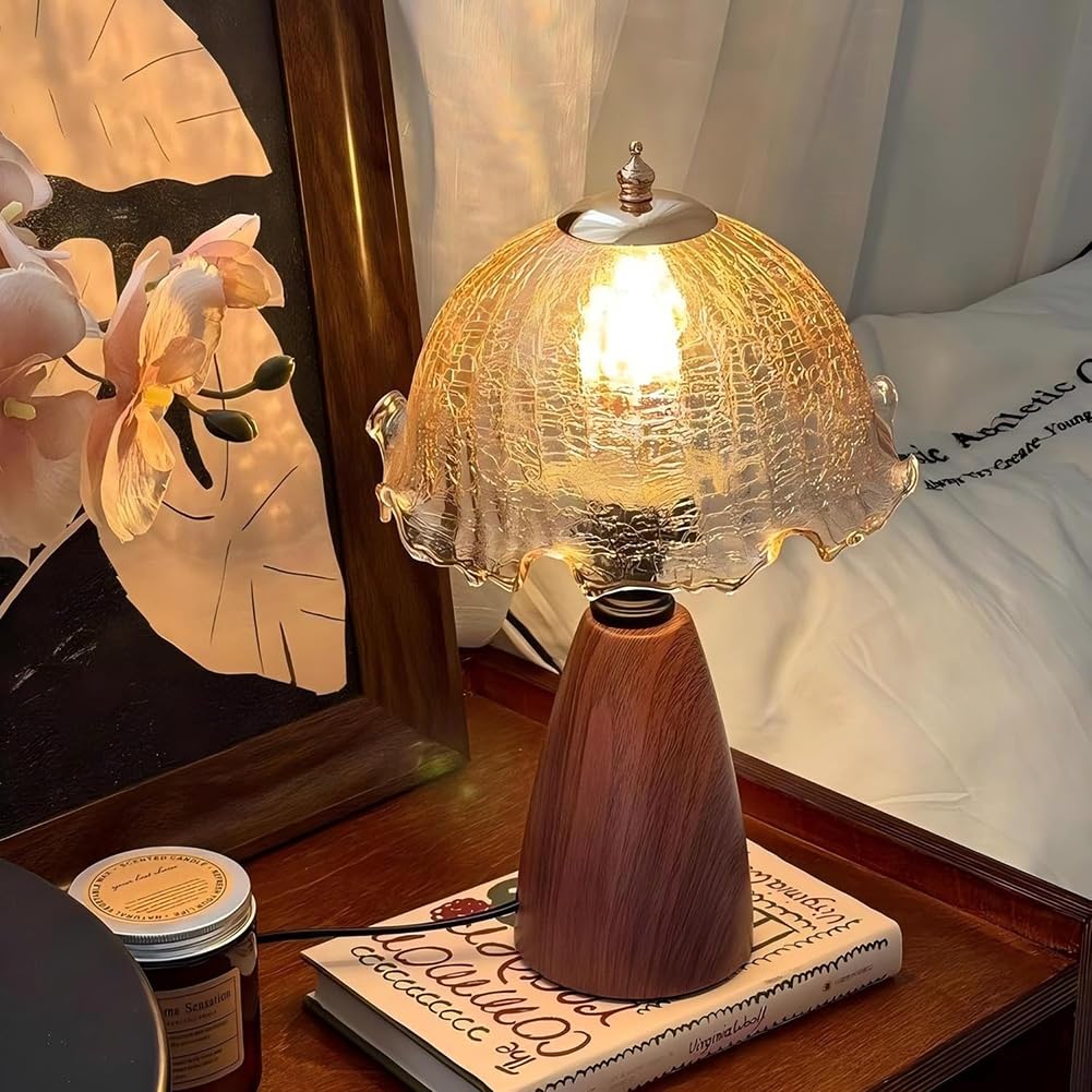 Lampe de table en verre champignon et veilleuse bois dimmable pour salon