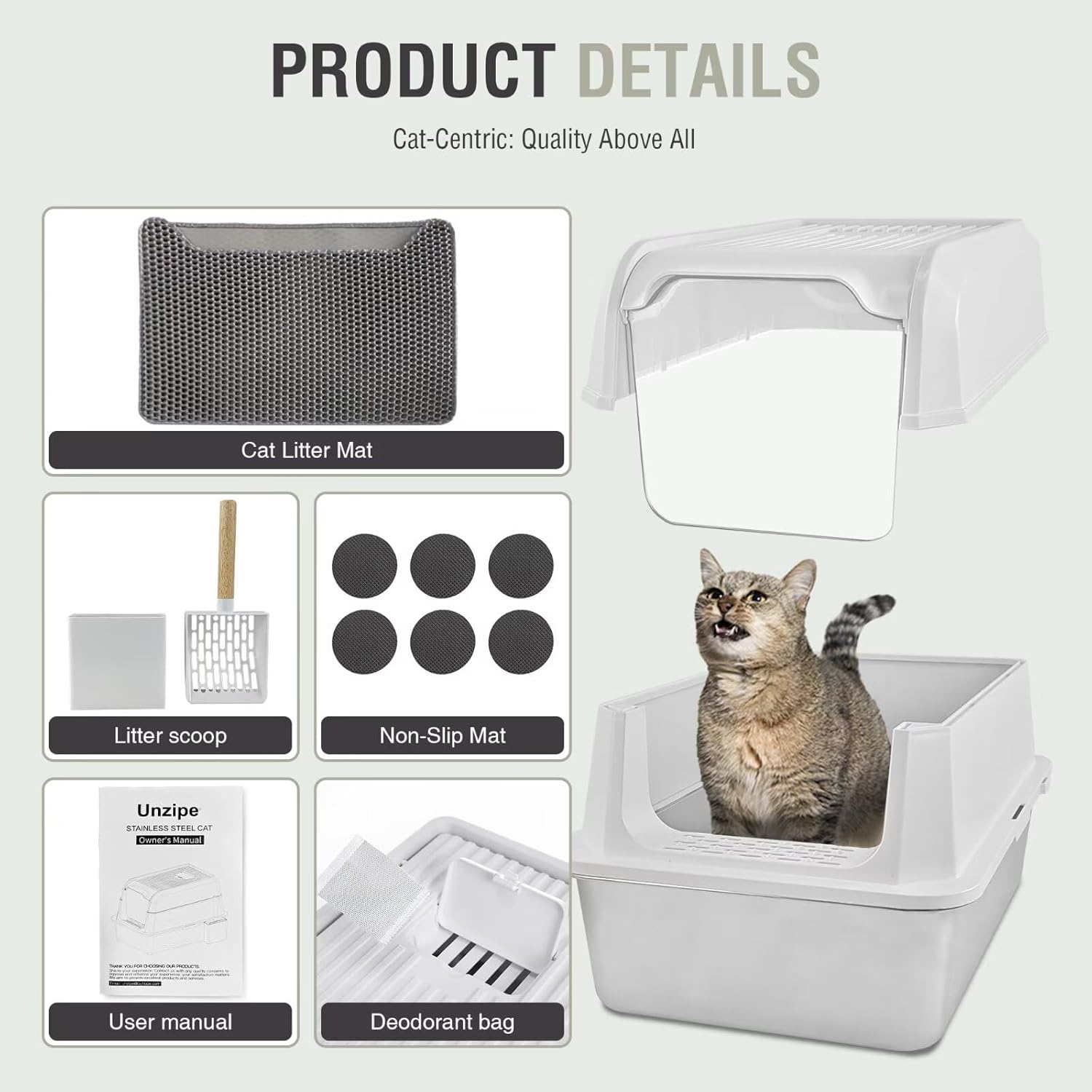 XL Stainless Steel Enclosed Cat Litter Box with Lid 23.6''×15.7''×16.9'' - Odor Control & Easy Cleaning w/Odor-Proof Bags, Extra Large Metal Litter Pan for Indoor Cats, White