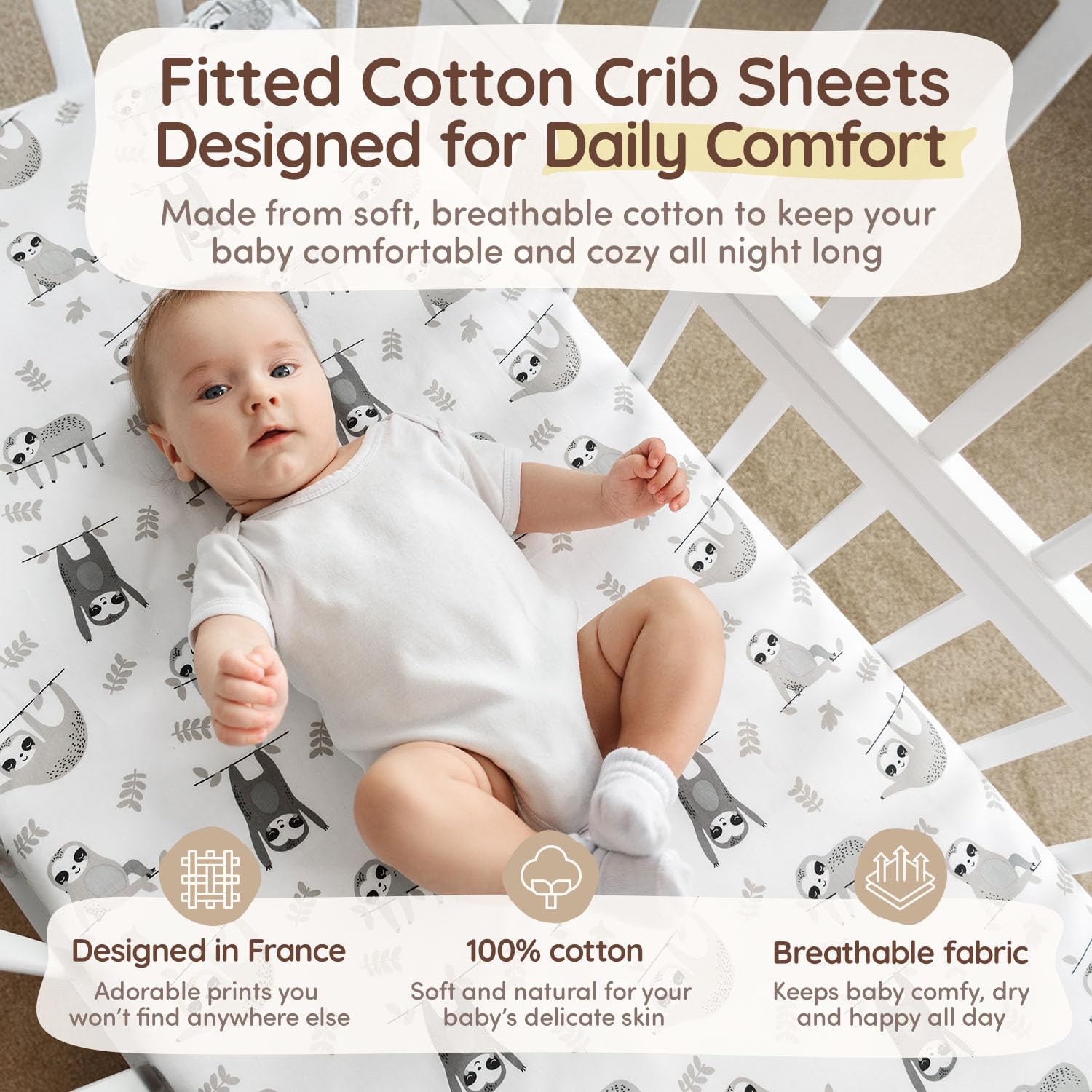 Spannbettlaken für Babybett, Faultier und Chevron-Drucke, Baumwolle, für Jungen und Mädchen, geschlechtsneutral (Grau - Weiß), 2 Stück