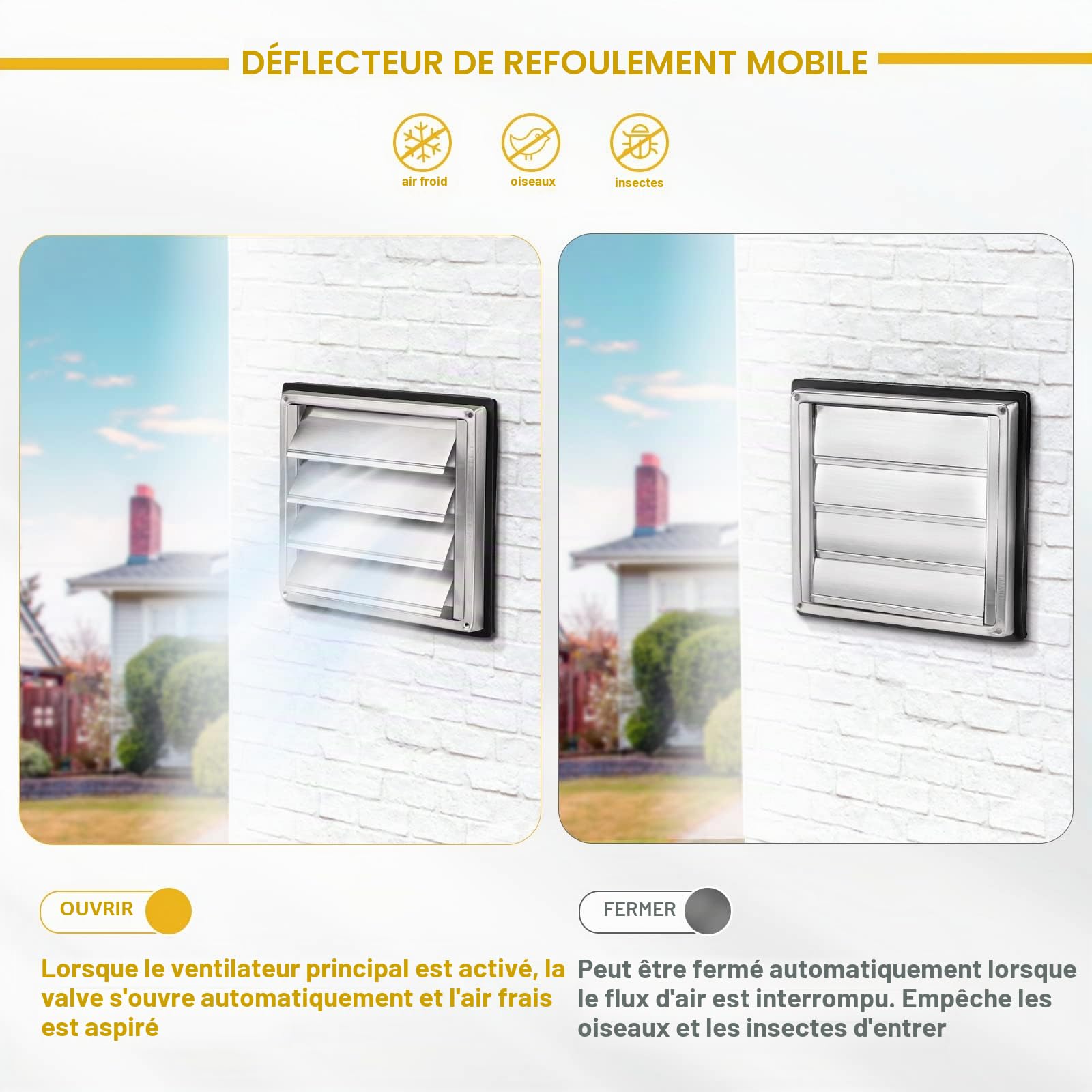 LALAGO 2 pièces Grille de ventilation 125mm, Clapet anti-retour Grille de protection contre les intempéries en acier inoxydable avec lamelles mobiles, Grille à lamelles Grille hotte aspirante Ø125mm