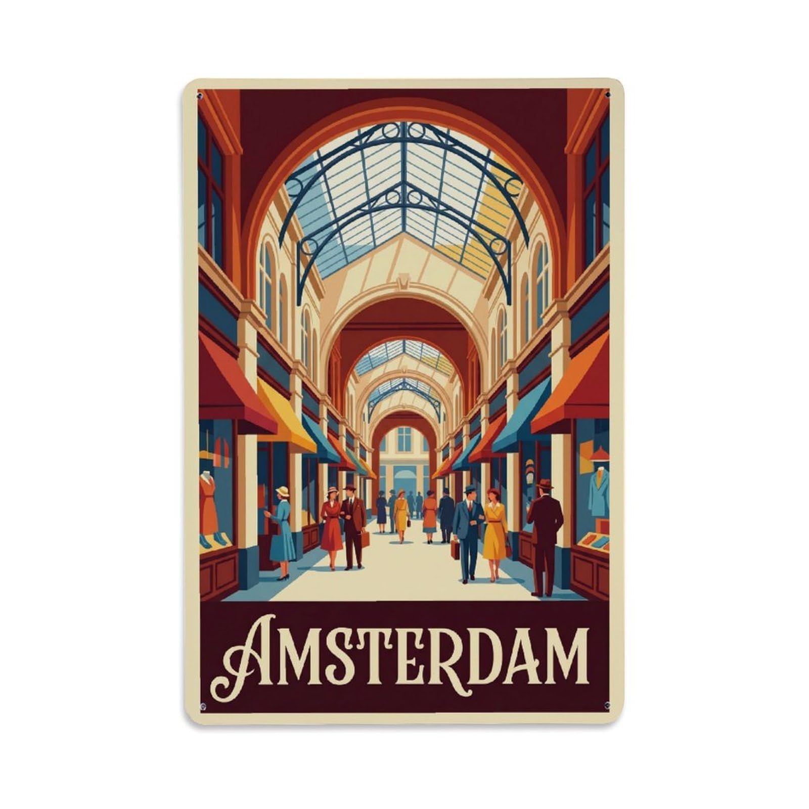 Okngb Style Amsterdam Arcade Landmark Vintage Travel Architecture Metal Tin Sign Plaque Wall Decor For Cafe, Man Cave, Club Bar, Office, Home Garden Round Metal Poster 8X12inch