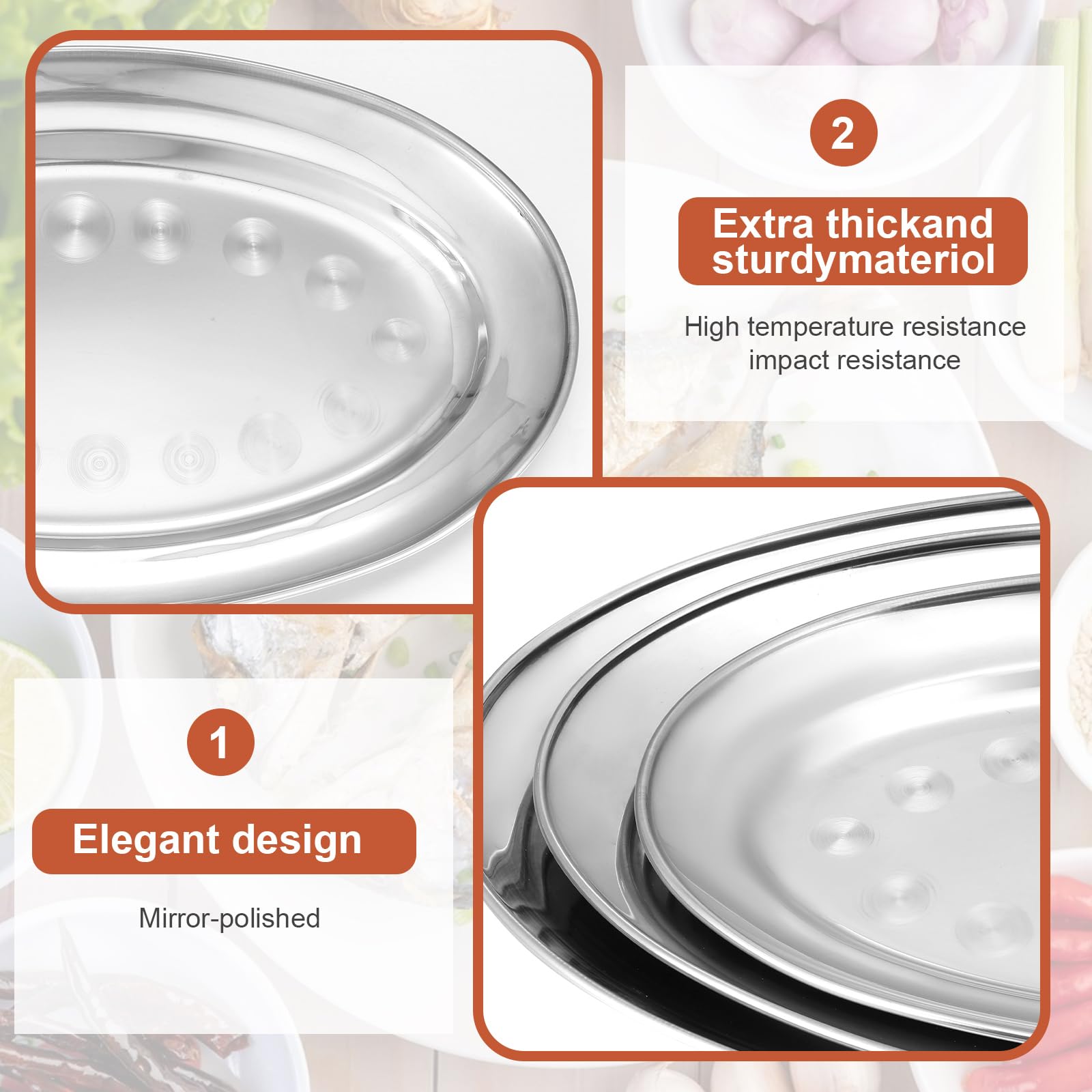 MAQUITA Set di 3 vassoi da portata in acciaio inox, grandi e ovali, set da portata ovale in metallo resistente, grande piatto lucido a specchio, 30,5 cm, 35,6 cm, 40,6 cm