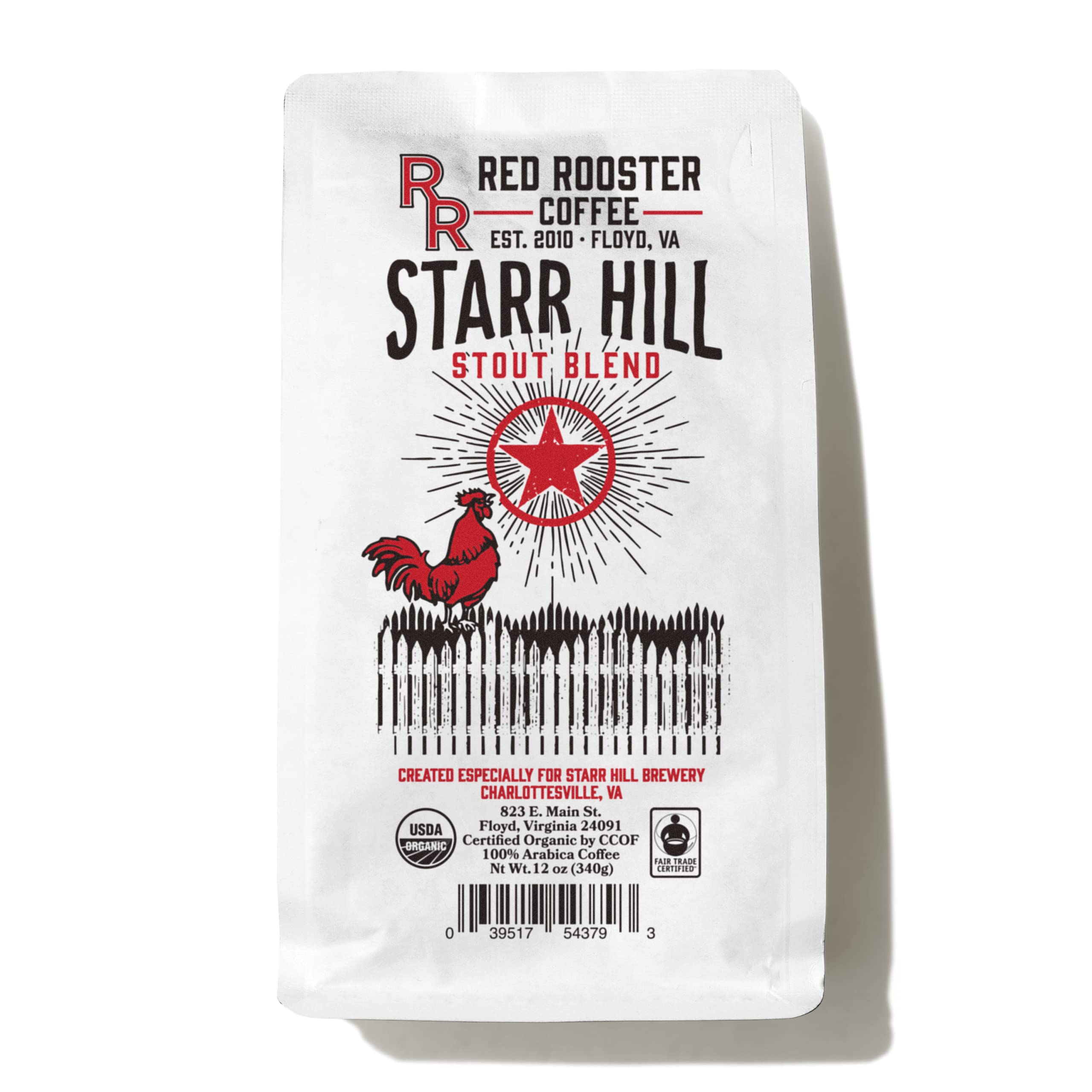 Red Rooster Coffee, Organic Starr Hill Stout Coffee – Medium-Dark Roast Whole Bean – Notes of Dark Chocolate, Praline & Citrus – 12oz – USDA Organic, Fair TradeUSDA OrganicFair Trade CertifiedFair Trade CertifiedFair Trade Certified