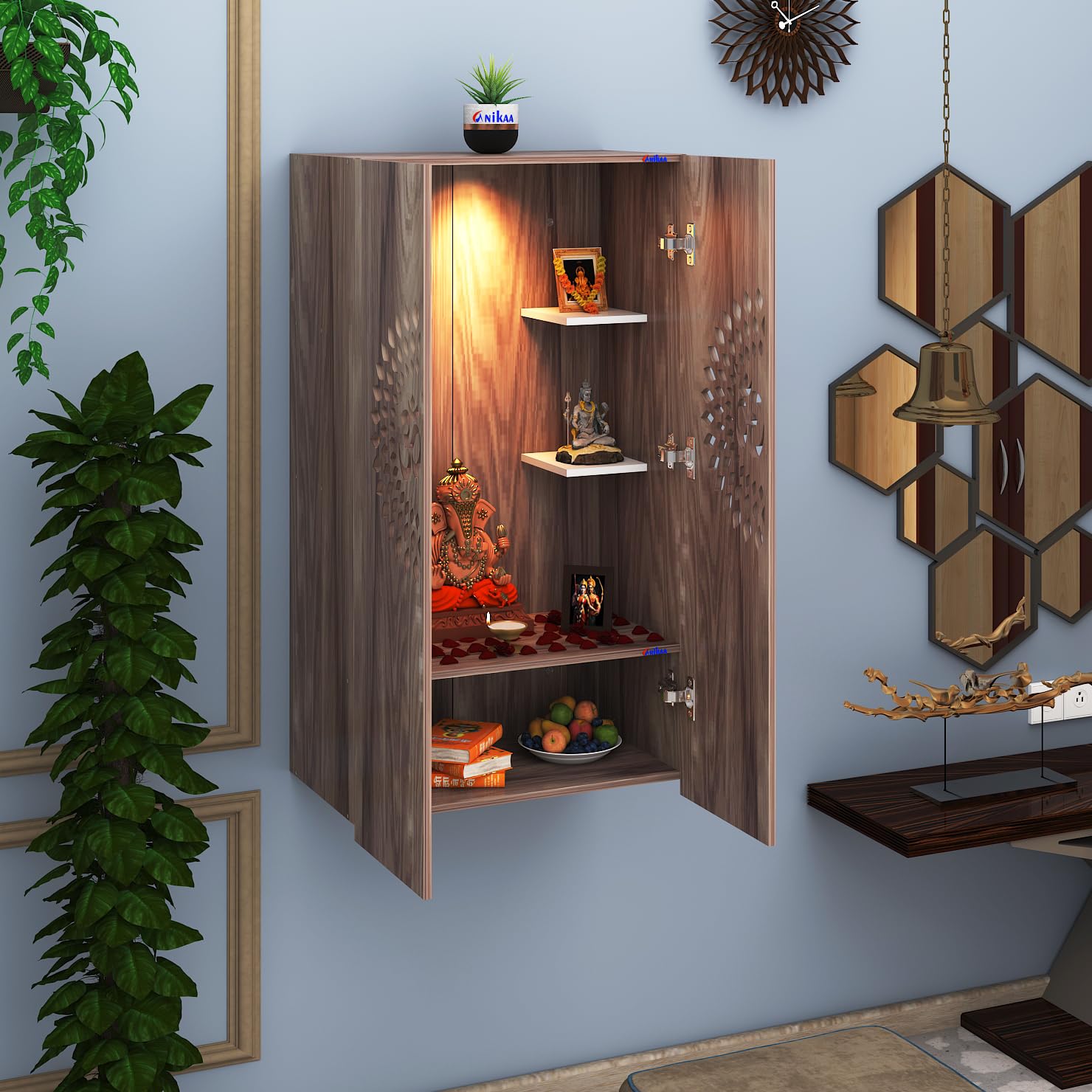 Anikaa Spirit Engineered Wood LED Light Wall Temple Puja Stand Pooja Modern Designe Temple Mandir for Office & Home Decoration - CoachWood (D.I.Y - Do-It-Yourself)-image-19