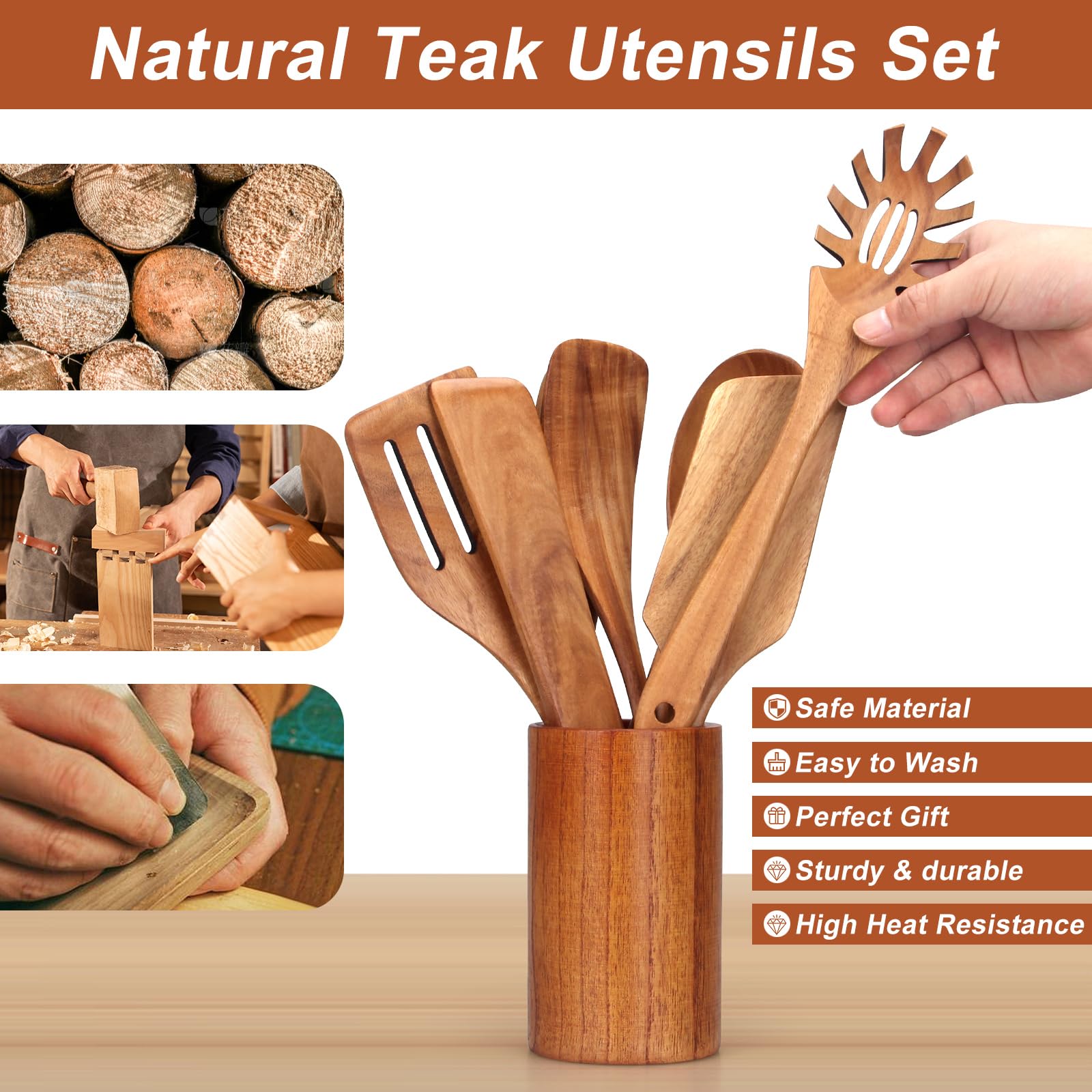 9 cucharas de madera para utensilios de cocina con soporte para utensilios, juego de utensilios de cocina de madera de teca, espátula plana de madera, cucharas de mezcla de cocina, cuchara de
