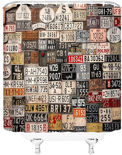 Miniatura 3 de Cortina de ducha con placas de matrícula antiguas americanas, letrero de metal oxidado, retro, automóvil, camión, póster de garaje, ladrillo