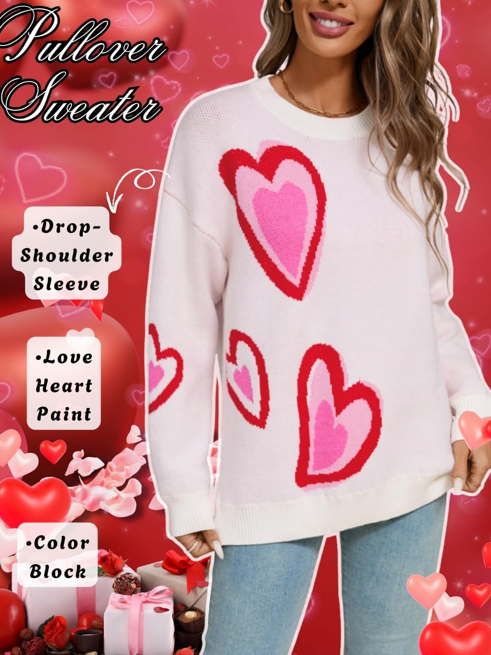 Heart Sweater,Cute Patterned Oversized Sweaters for Women,Valentines Day Crewneck Tops - Image 2