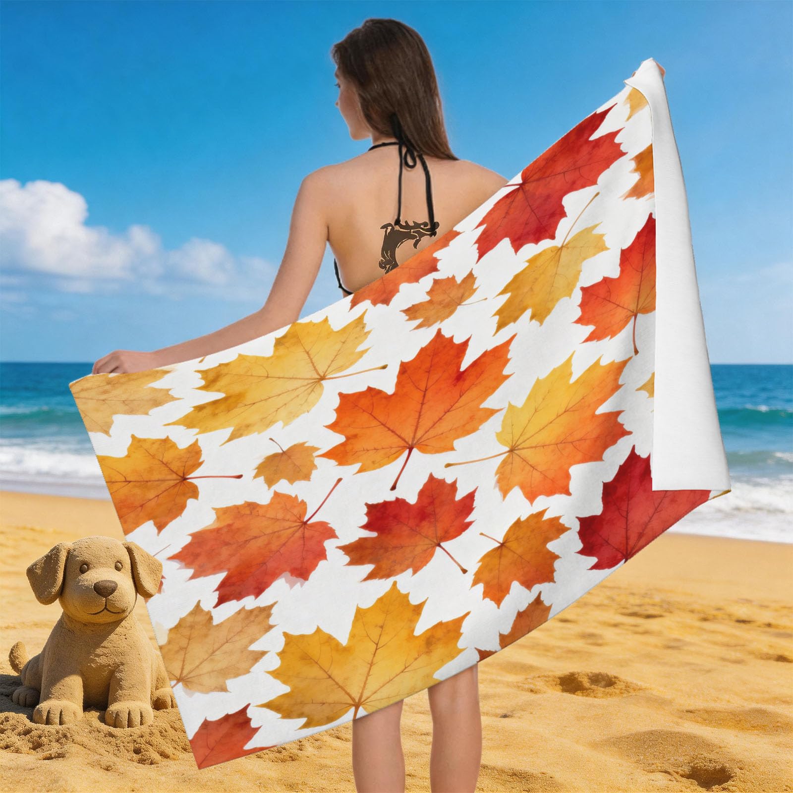 Leichong 3D Maple Leaf Beach Towel Large Microfiber Soft Quick Dry for Adults, Minimalistic Bath Towel Lightweight Soft Absorbent for Travel Swimming Pool Sports, 80 x 160 cm