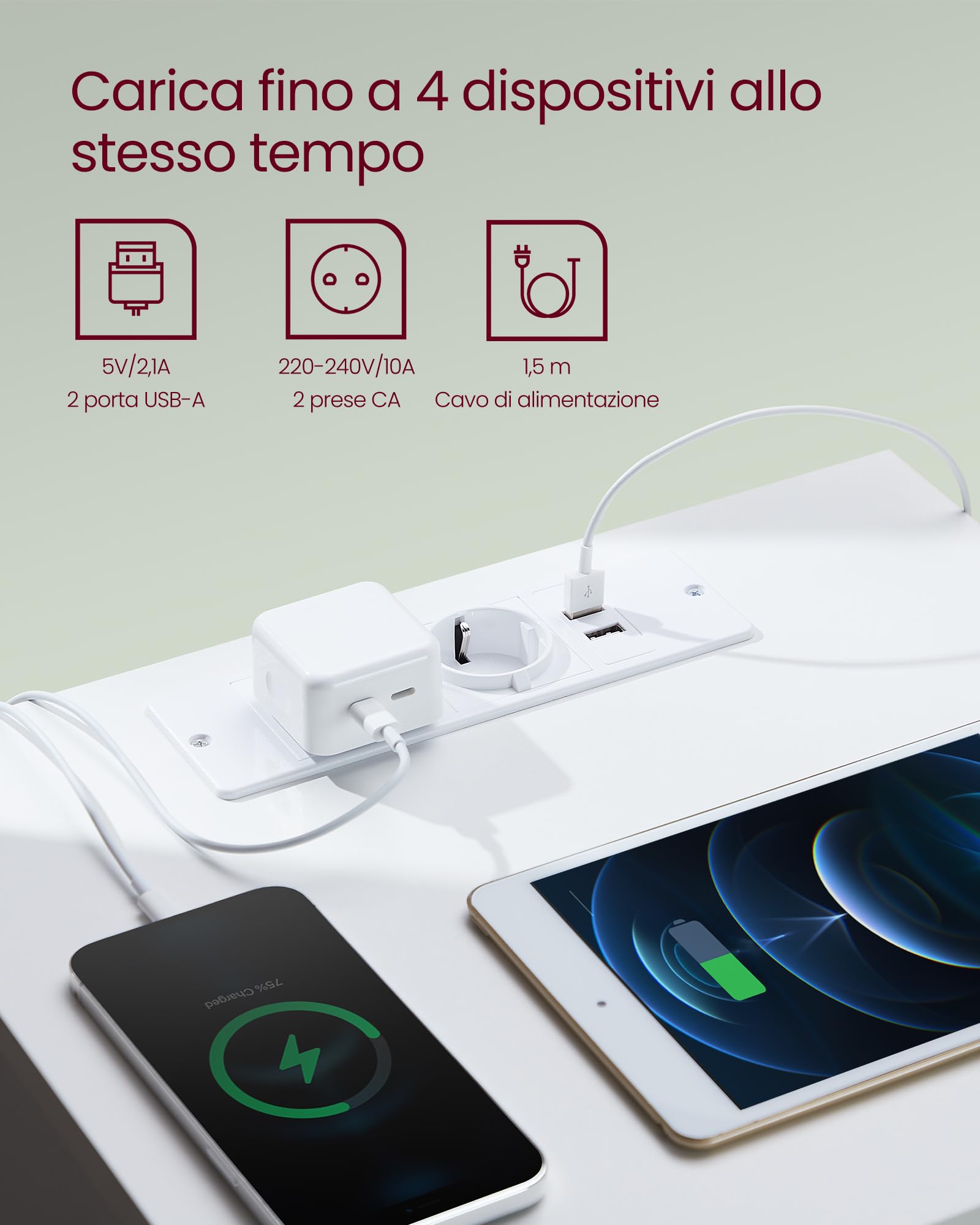VASAGLE KAILYN Collezione - Comodini con Ciabatta Elettrica, Set di 2 Tavolini, 2 Cassetti, 2 Prese AC, 2 Porte USB-A, Soggiorno Camera da Letto, Moderno, Bianco Nuvola LET821W02