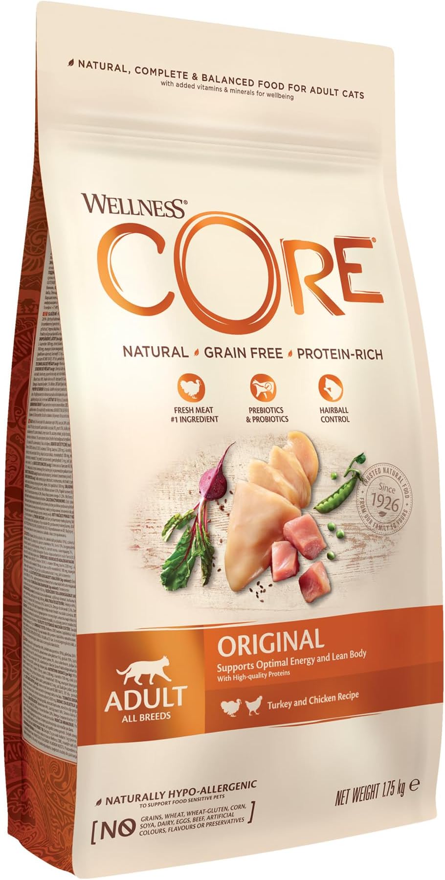 Wellness CORE Original 1.75 kg, Chicken & Turkey – Dry Cat Food for Adult Cats, Grain-Free, Natural, Hypoallergenic, Protein-Rich, High Meat Content, Supports Optimal Energy & Lean Body