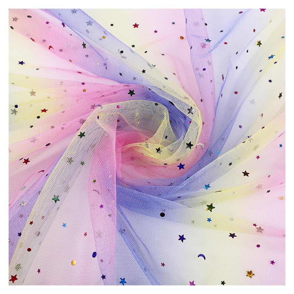 25 Yards Regenbogen Tüllstoff 150cm Breit Glitzer Stern Mond Pailletten Netzstoff Funkelnder Mesh Spitzenstoff Organzastoff zum Nähen Dekostoff für DIY Basteln Hochzeit Party Hintergrund Kleid