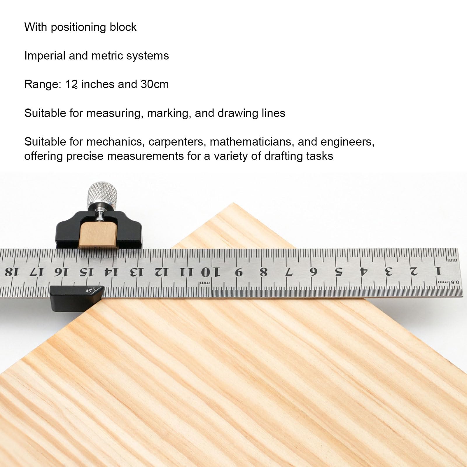Steel Slide Stop Ruler, 30cm Imperial Metric Measurement with Positioning Block, Woodworking Scribing Tool for 45 90 Degree Angles - Image 3
