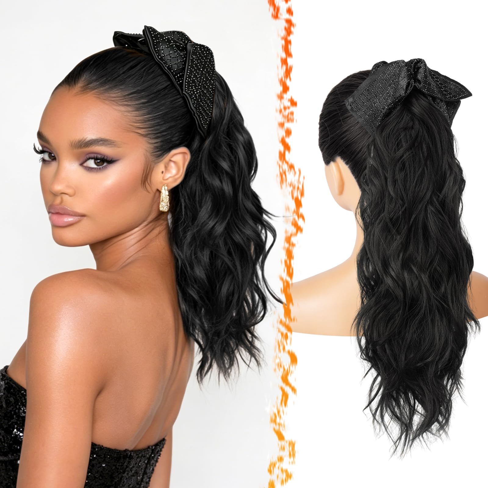 BARSDAR Artigli Pinza Coda Capelli Extension, 45cm Bow Artigli Pinza Ondulati Nero Coda di Cavallo Extension per Donne Aspetto Naturale Leggere Fluffy Sintetici Ondulati Nero Ponytail Posticci