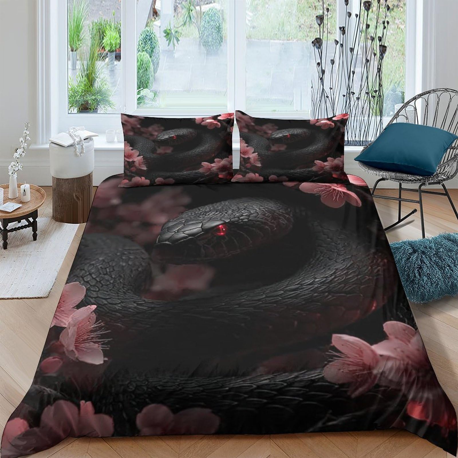 GPLZQXKJNH 3D Printed Black Sakura Duvet Cover Set Microfiber Soft Floral Bedding Set with 2 Pillowcases for Bedroom Decor Single（135x200cm）