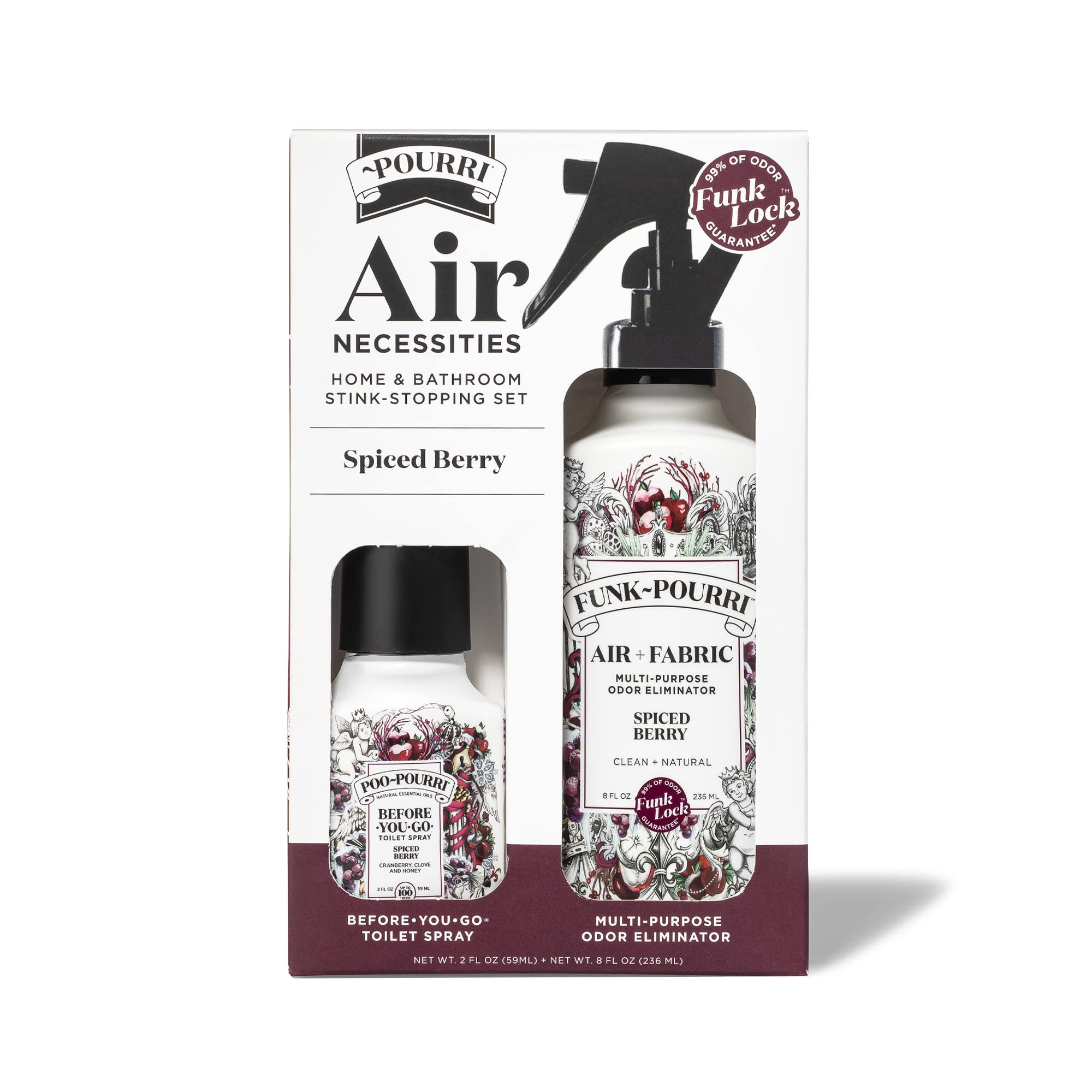 Poo-PourriAir Necessities Home & Bathroom Stink Stopping Set, Before-You-Go Toilet Spray 2 oz + Funk~Pourri 8 oz Home Odor Eliminator, Spiced Berry, Limited Edition Set